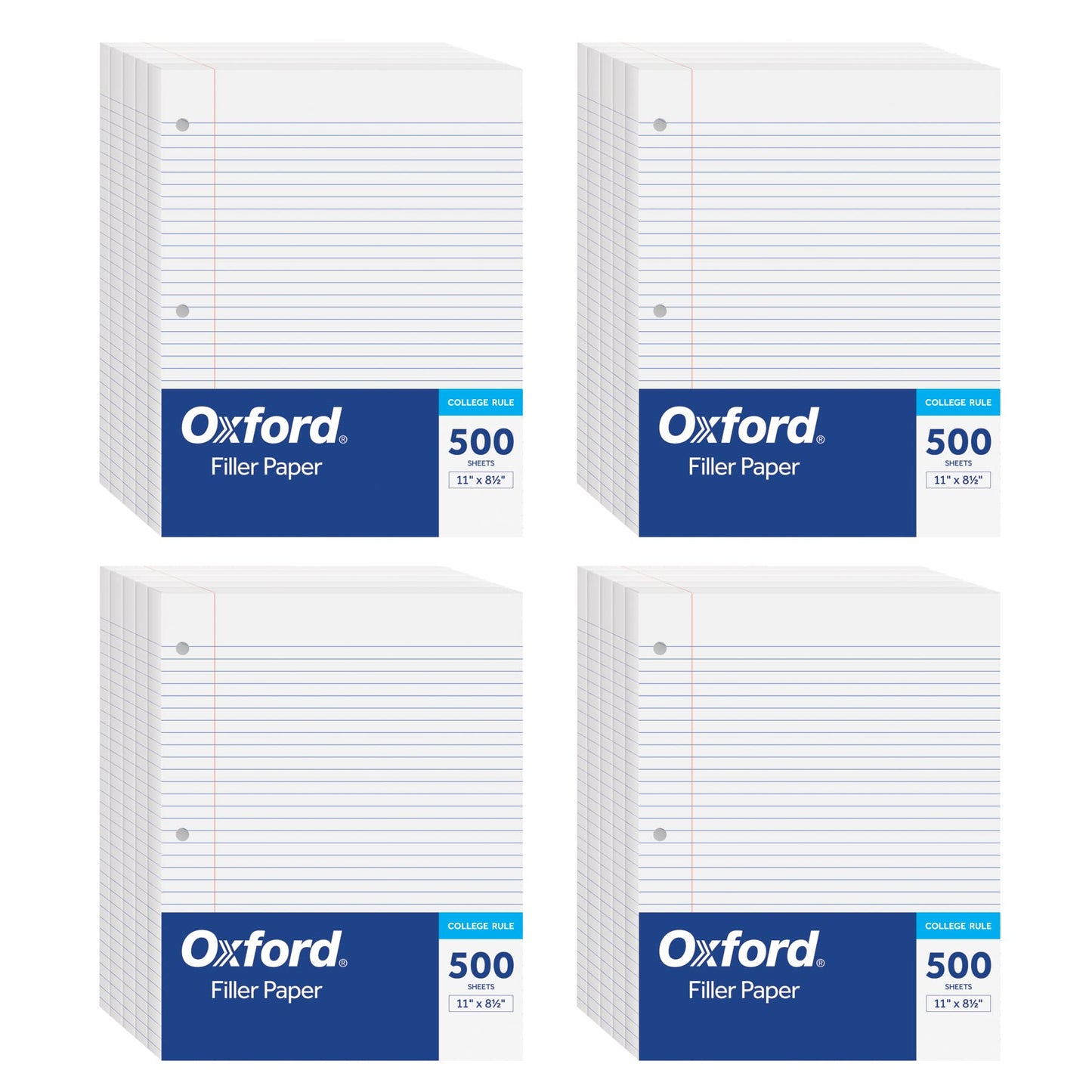 Oxford Loose Leaf Paper, 2000 Sheets, College Rule Filler Notebook Paper, 8-1/2" x 11", 3-Hole Punched Fits 3-Ring Binders, 4 Packs of 500 (62331)