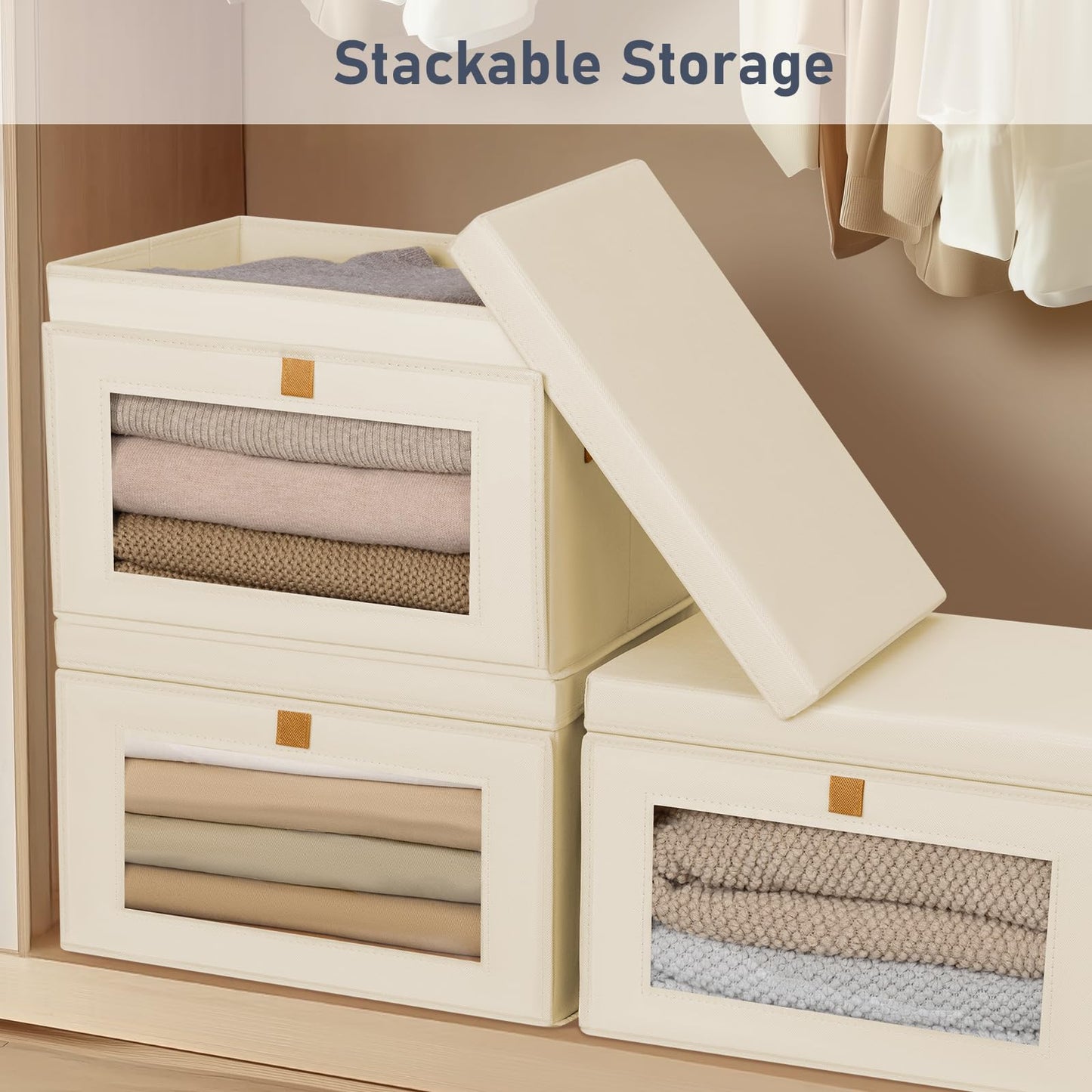 DIMJ Fabric Storage Box with Lid - 4 Pack Stackable Large Closet Storage Bins with Lid & Clear Window for Clothes, Foldable Decorative Basket Organizer Living Room,Bedroom,Office, Beige