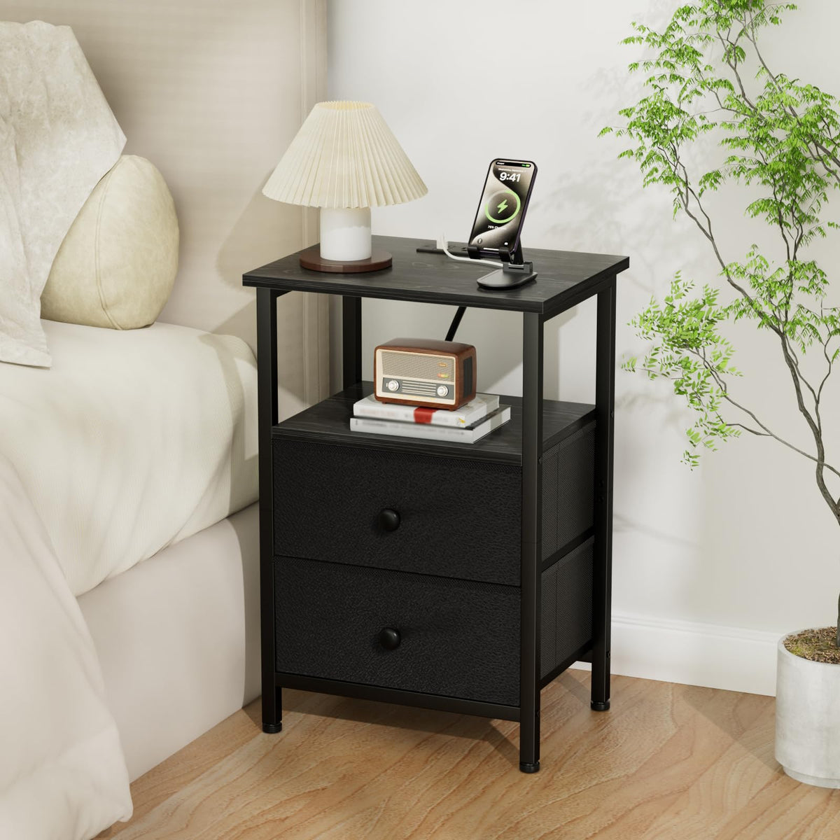 LOAKEKEL Night Stand with Charging Station, Small Bedside Table with Fabric Drawer, Nightstand with USB Ports & Outlets for Bedroom, Living Room, Black, HETS020BK-1