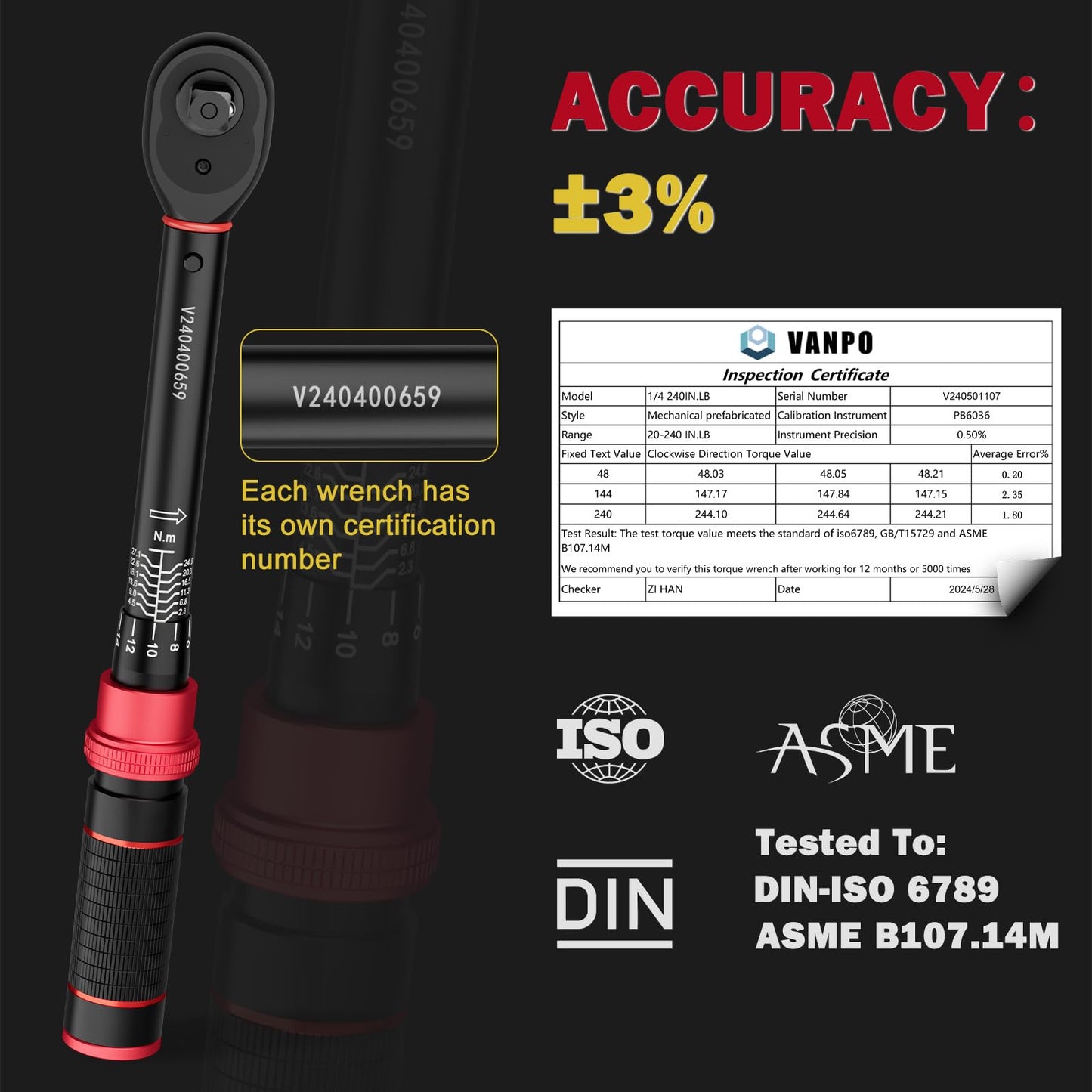 VANPO 1/4" Drive Click Torque Wrench, 20-240 in.lb/2.3-27.1 Nm, ±3% Accuracy, High Accuracy Dual-Direction Inch Pound Torque Wrench with Adapter & 10cm Extension Bar for MTB and Road Bike