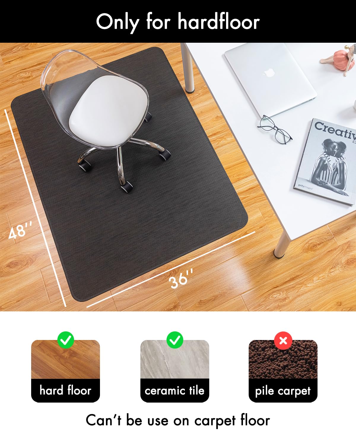 Office Chair Mat for Hardwood Floor Under Desk Computer Rolling Chair Mat for Wood/Tile Floor Non-Slip Heavy Duty PVC Plastic Hard Floor Protector 36" x 48" (Espresso)