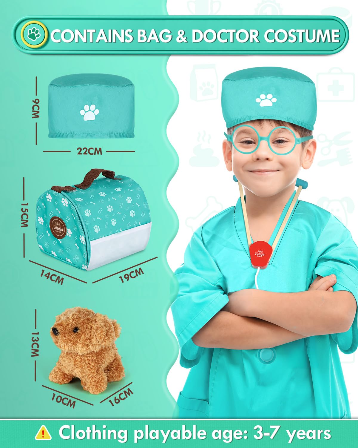 Lehoo Castle Wooden Doctor Kit for Kids, Vet Play Sets, Veterinarian Kit for Toddlers, Kids Doctors Play Set with Dog Bag, Medical Doctor Toys Gift for Boys Girls Aged 3 4 5 6 7