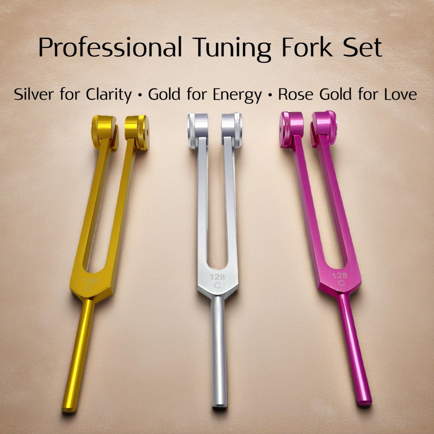 Sound Healing Tuning Fork Set – 128Hz, 256Hz, 512Hz for Chakra Balancing, Meditation & Yoga with Crystals (Obsidian, Amethyst, Clear Quartz) – Complete Kit with Mallet, Storage Pouches & Gift Box