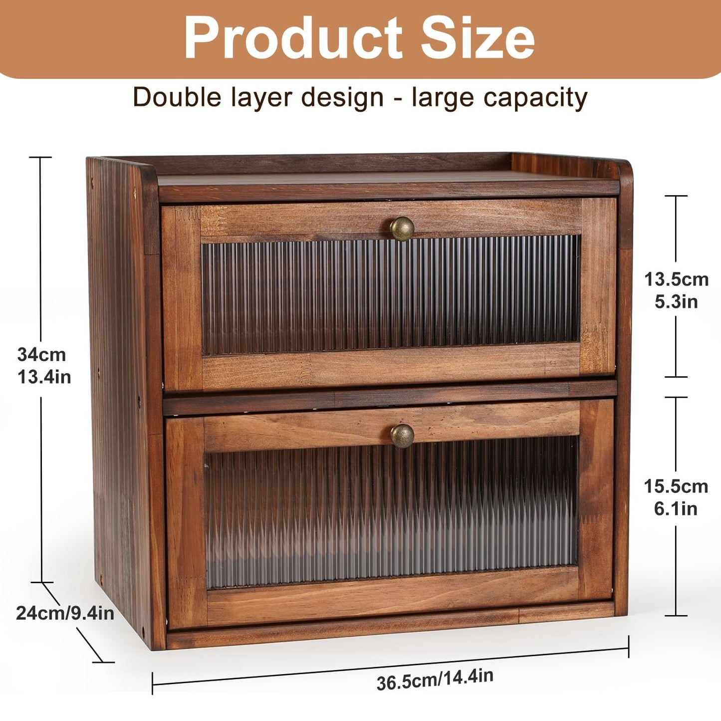 Ciilee Baby Bread Box for Kitchen Counter Large Capacity Bread Storage Container Wooden Breadbox Bin 2 Layer Bread Keeper Farmhouse Food Holder with Acrylic Door Easy to Assemble Boite a Pain(Brown)