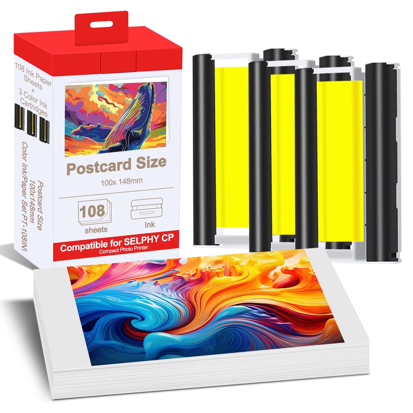 Compatible for Canon Selphy CP1300 Paper and Ink,KP-108IN 3 Color Ink Cassette and 108 Sheets 4 x 6 Glossy Paper for Selphy CP1500 CP1300 CP1200 CP1000 CP910 CP900 CP810 Printer