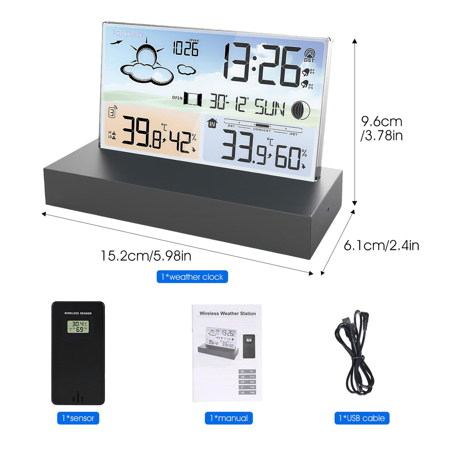 GOYERRNES Weather Station Clock with Indoor Outdoor Temperature and Humidity Monitor, Forecast, Dual Alarm, Backlight, 12/24H Time, Max/Min Records, Frost Alert Wireless Weather Stations Clock