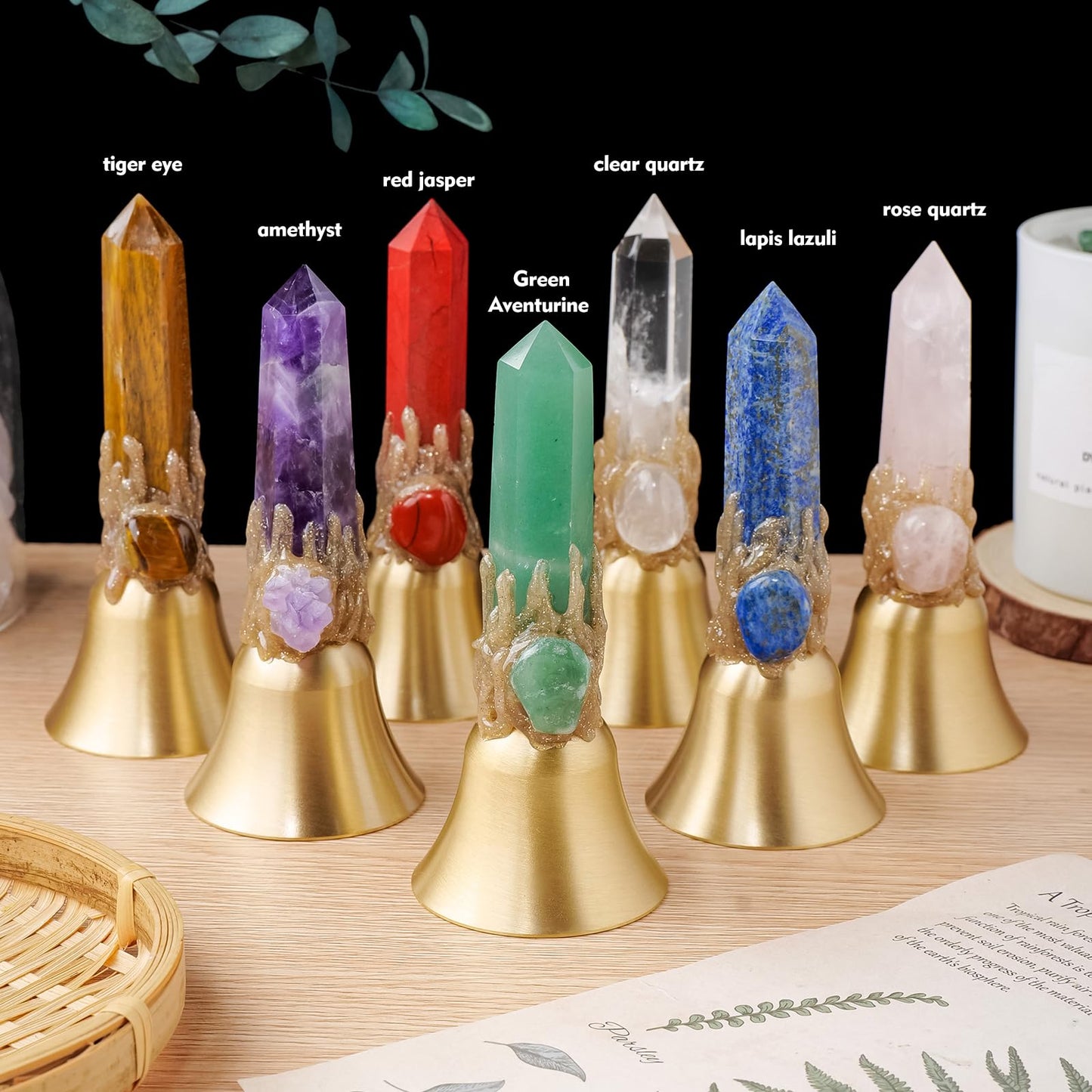 Super Loud Solid Brass Hand Call Bell Meditation Altar Bell - Solid Brass Ritual Tool for Prayer, Home Decor & Pet Feeding (Natural Crystal Tower Design)