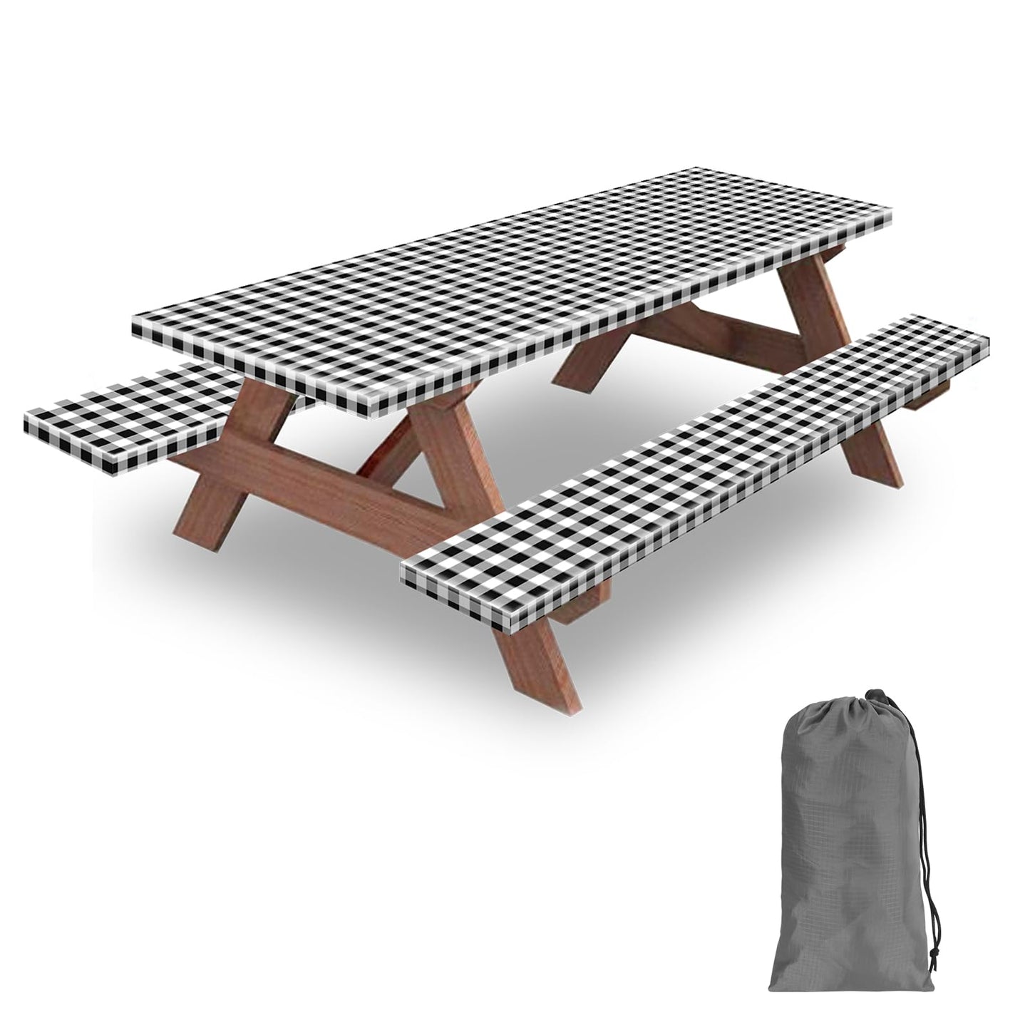 KENOBEE 8ft Picnic Table and Bench Cover, Camping Essentials RV Gear, 96 in Waterproof Windproof Outdoor Elastic All Around Tablecloth, Fitted Rectangle Tables and Seats, Black-White Checkered