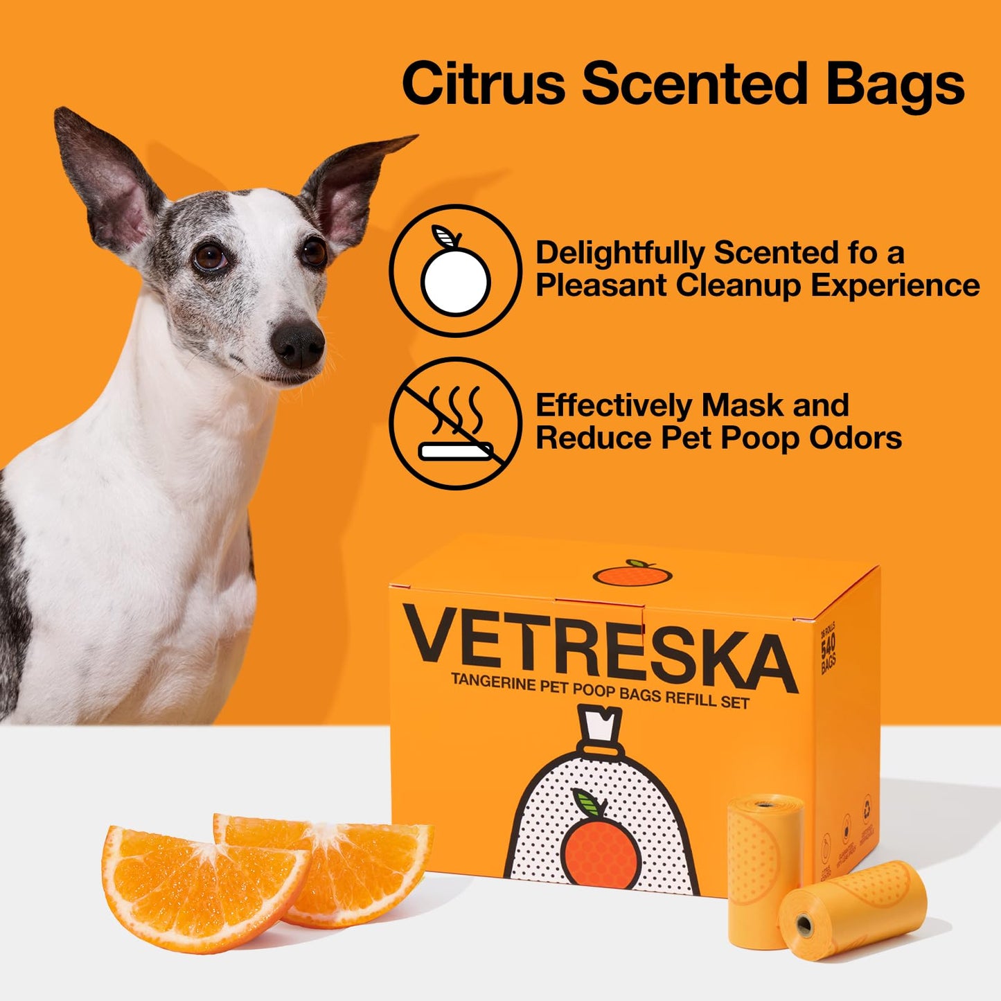 VETRESKA Citrus Scented Dog Poop Bags, Leak Proof, Extra Thick and Large Pet Waste Bags for Dogs Walking, Cat Litter, 540 Count Bags (36 Refill Rolls)