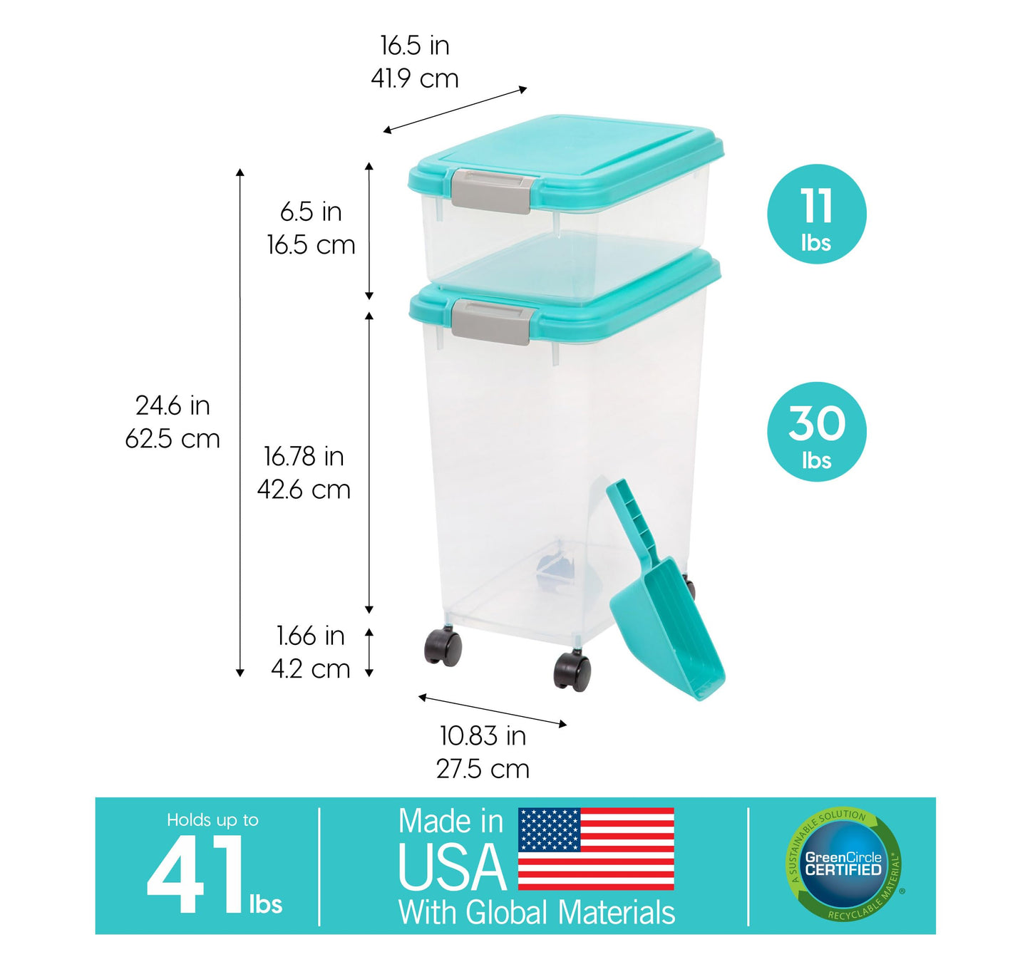 IRIS USA Airtight Dog Food Storage Container Combo, 30 lb + 11 lb Stackable Pet Food Bins with Wheels, Cat Food & Dog Treat Storage, BPA Free, Includes 2-Cup/450 g Scoop, Seafoam Blue