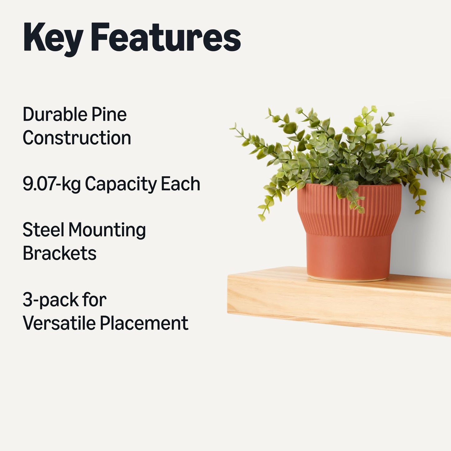 Amazon Basics Wood Floating Wall Shelves,16" x 5" x 2" Pine, Pack of 3