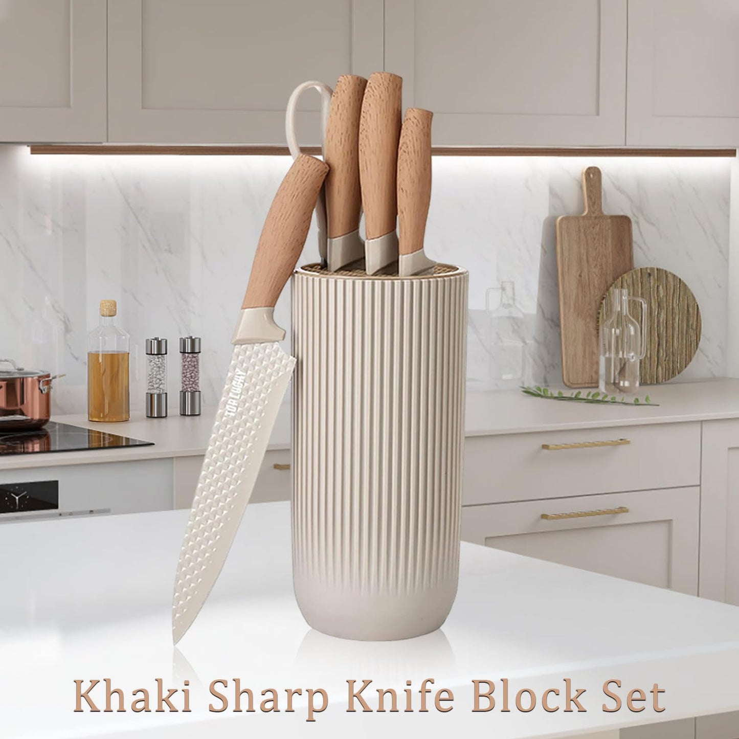 Kitchen Knife Set, 6-Pieces Khaki Sharp Knife Set for Kitchen, Non-Stick Non-Slip Stainless Steel Chef Knife Set with Universal Knife Block Suitable for Home Restaurant (Khaki)