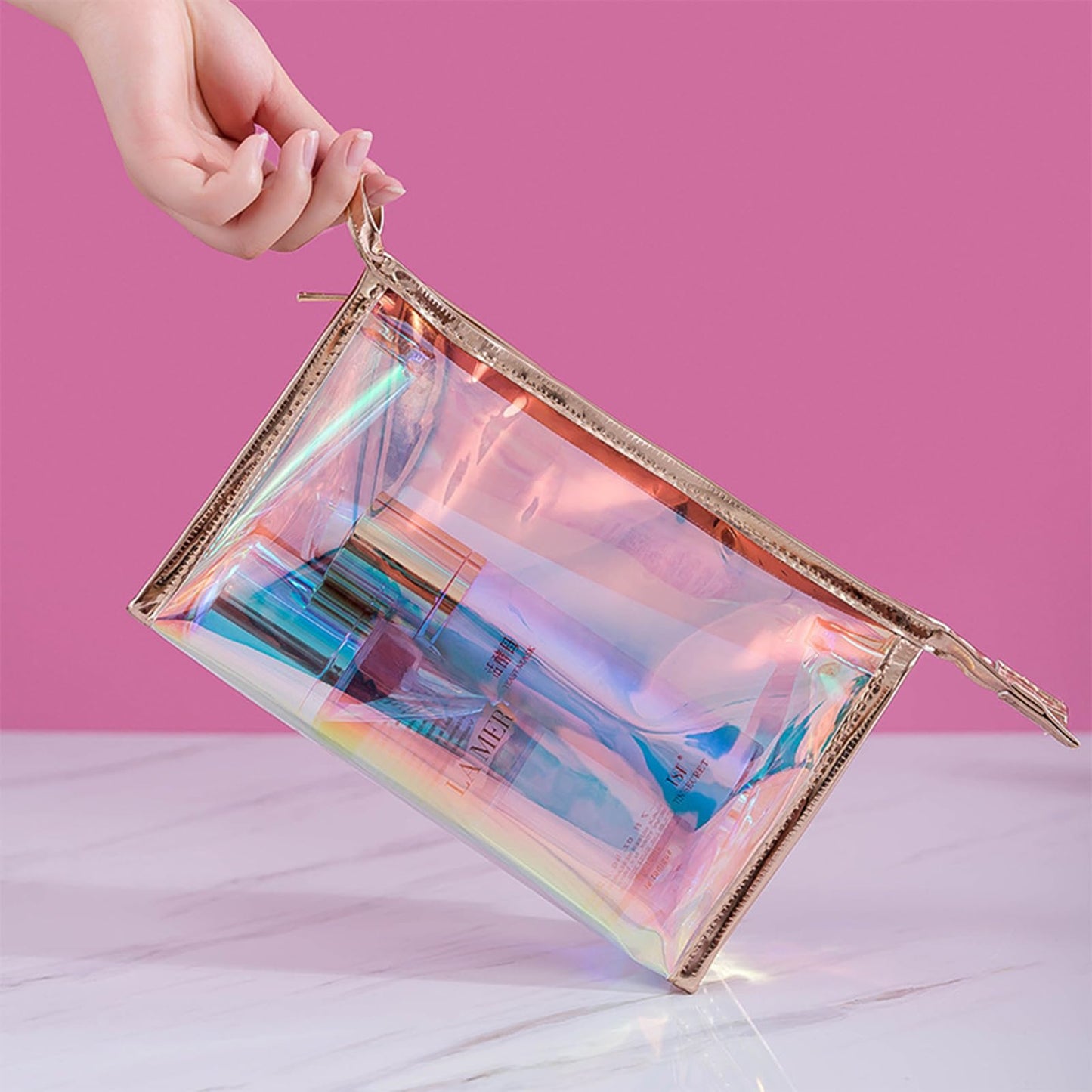 Voittozege 10 Pcs Holographic Makeup Bag Bulk Iridescent Makeup Pouch Clear Bachelorette Bag Portable Zippered Toiletry Bag Waterproof Cosmetic Gift Bags for Organizer, Brushes,Women Gifts