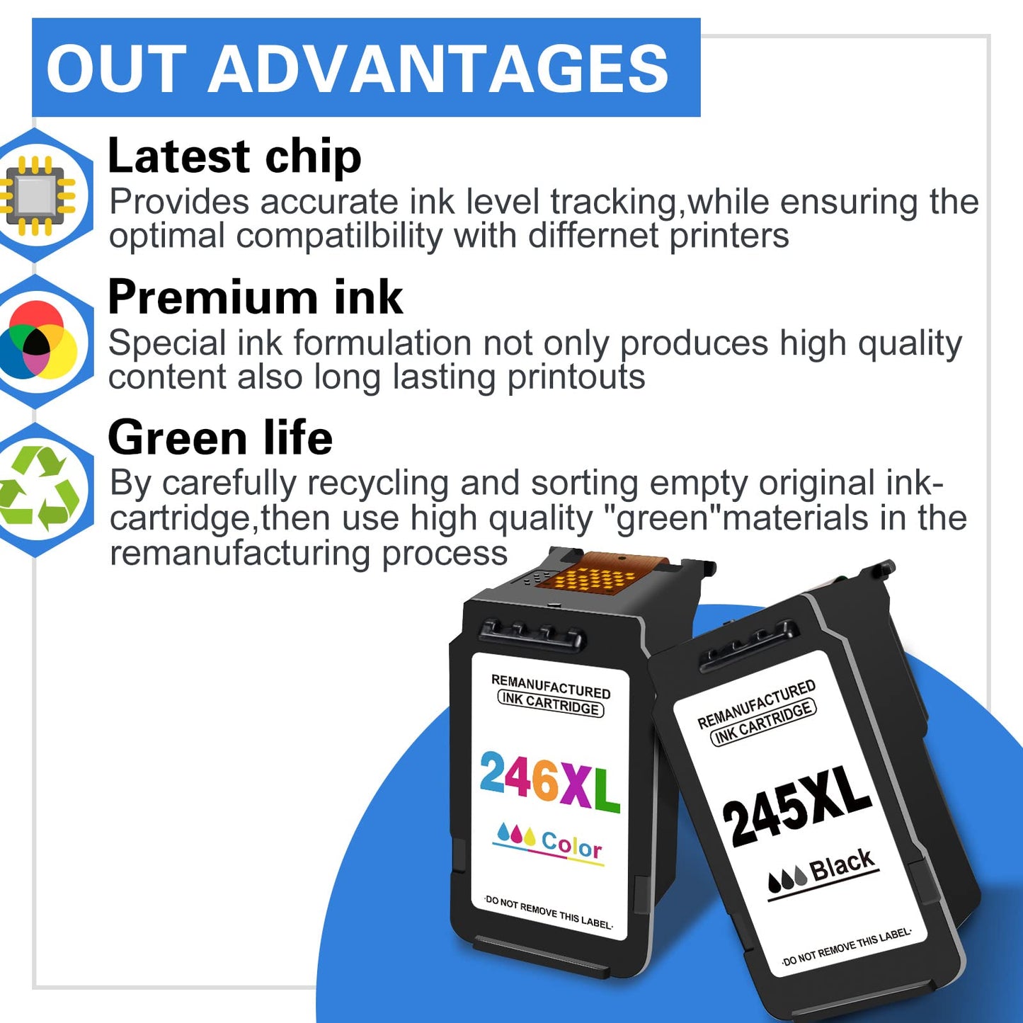 Jonity Remanufactured Ink Cartridges 245 and 246 Replacement for Canon 243 & 244 PG 245XL CL 246XL PG-243 CL-244 for Canon PIXMA MX492 MX490 MG2920 MG2922 MG2420 IP2820 Printer (1 Black 1 Tri-Color)