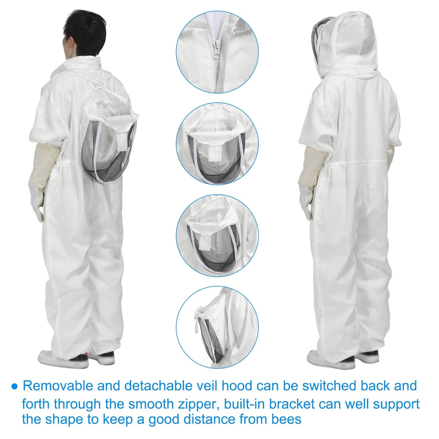 HARFINGTON Bee Suit for Men Women XXXL Beekeeping Suit Outfit with Gloves and Veil Hood (Jacket, Pants, Gloves) Bee Suits for Adult Backyard Professional and Beginner Bee Keeper,White