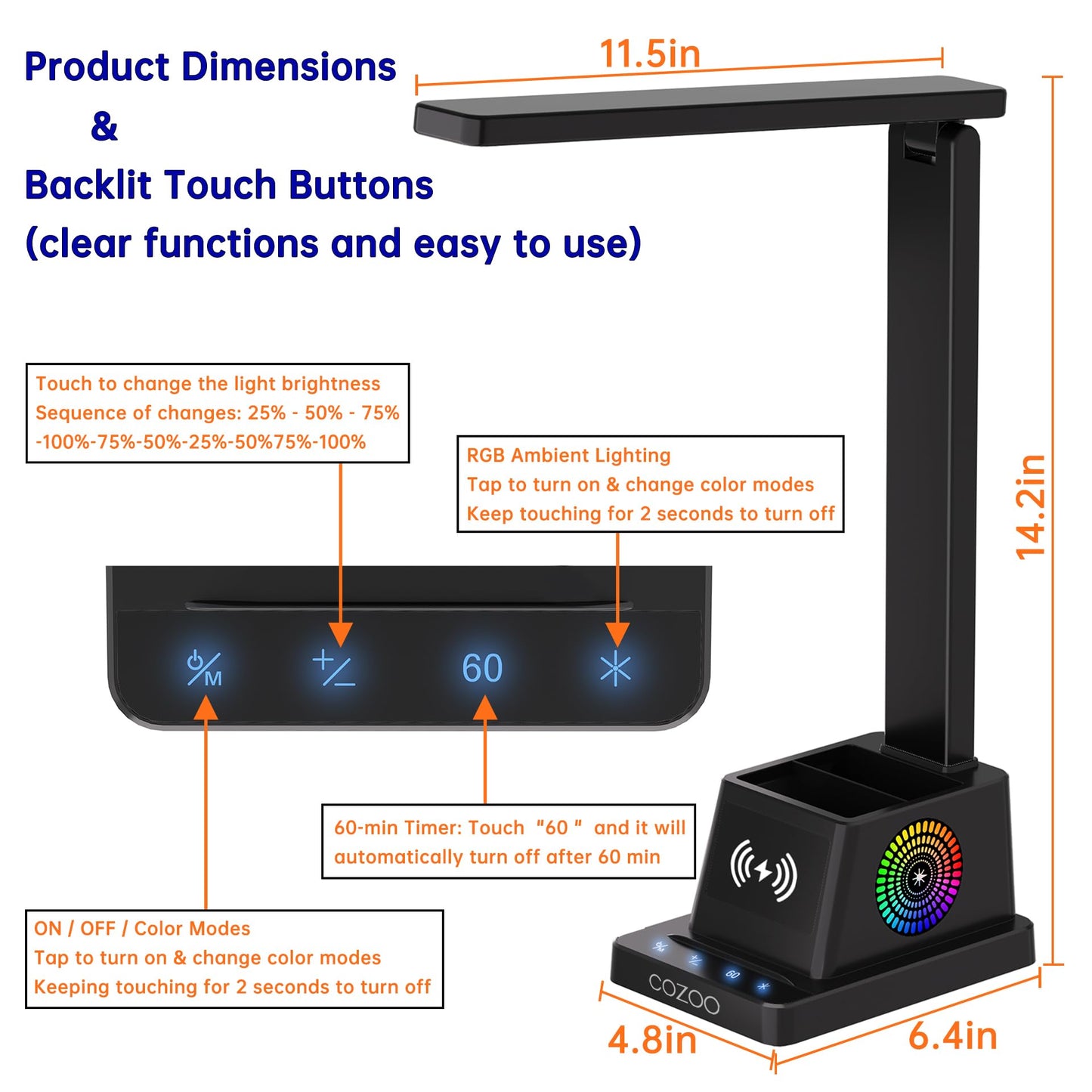 cozoo Desk Lamp,LED Desk Lamps for Home Office,Wireless Charger Small Lamp with Pen Holder,Color Changing Nightlight,12 Lighting Modes,Table Light fot Nail, Lamps for College Dorm Room