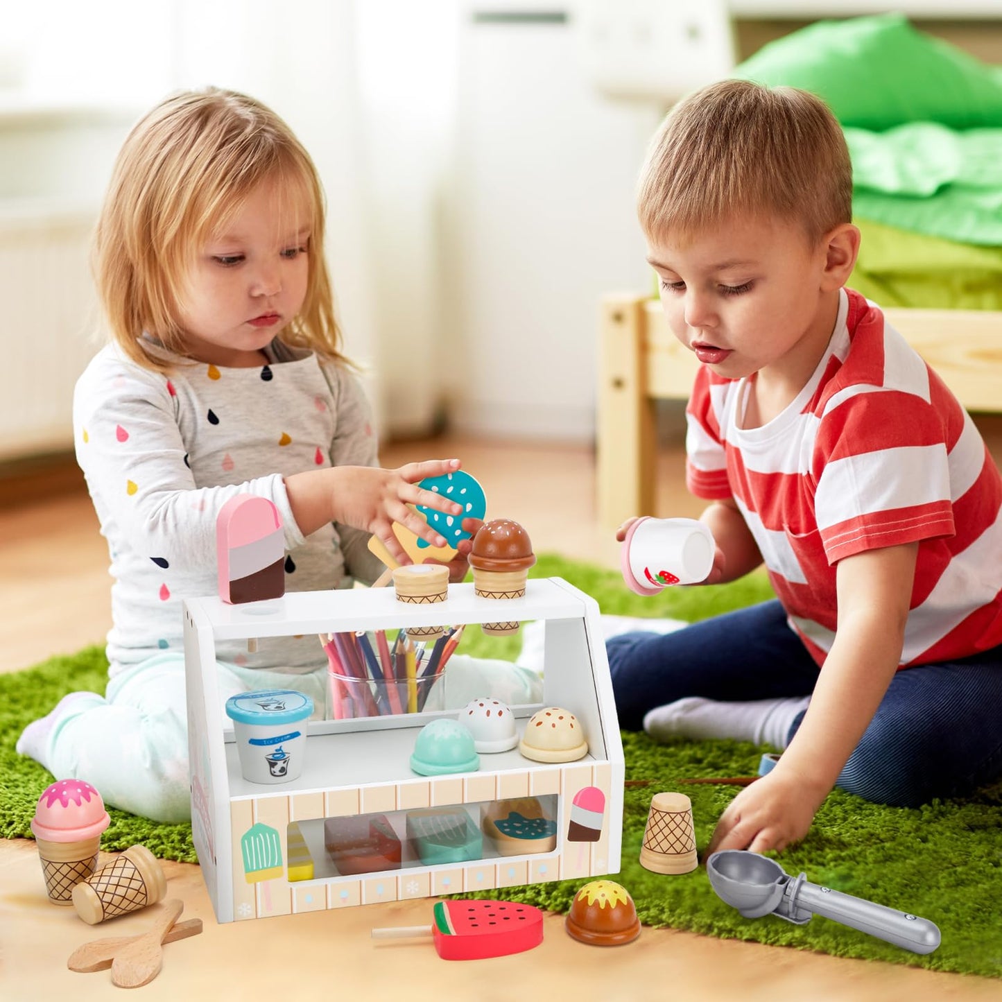 ZJEFUNS Wooden Ice Cream Toys for Kids Ice Cream Counter Shop for Toddlers Pretend Play Food Scoop and Serve with Scoop & Menu & Fake Money for Boys and Girls Ages 3 4 5 6 (Beige)