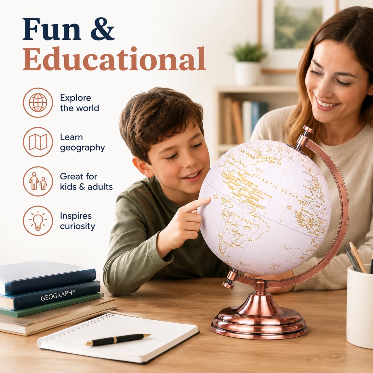 Exerz 20cm(8") Globe Golden and White - Wedding Globe Guest Book - Bronze Metal Arc and Base, Coated in Golden Colour in White (English)