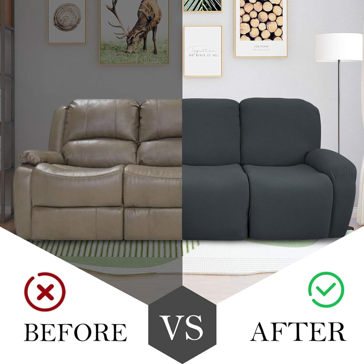JIVINER Design 8 Piece Recliner Sofa Cover Stretch Jacquard Reclining Couch Covers for 3 Seater Sofa Slipcovers for Living Room Soft Recliner Protector with Pocket (3 Seat, Dark Gray)
