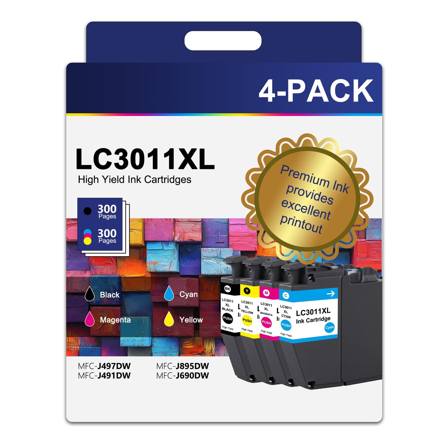 LC3011 LC3011XL Ink Cartridge High Yield 4 Pack Replacement for Brother LC3011 LC-3011 XL LC3011XL MFC-J497DW MFC-J491DW MFC-J895DW MFC-J690DW Printer (BK/C/M/Y)