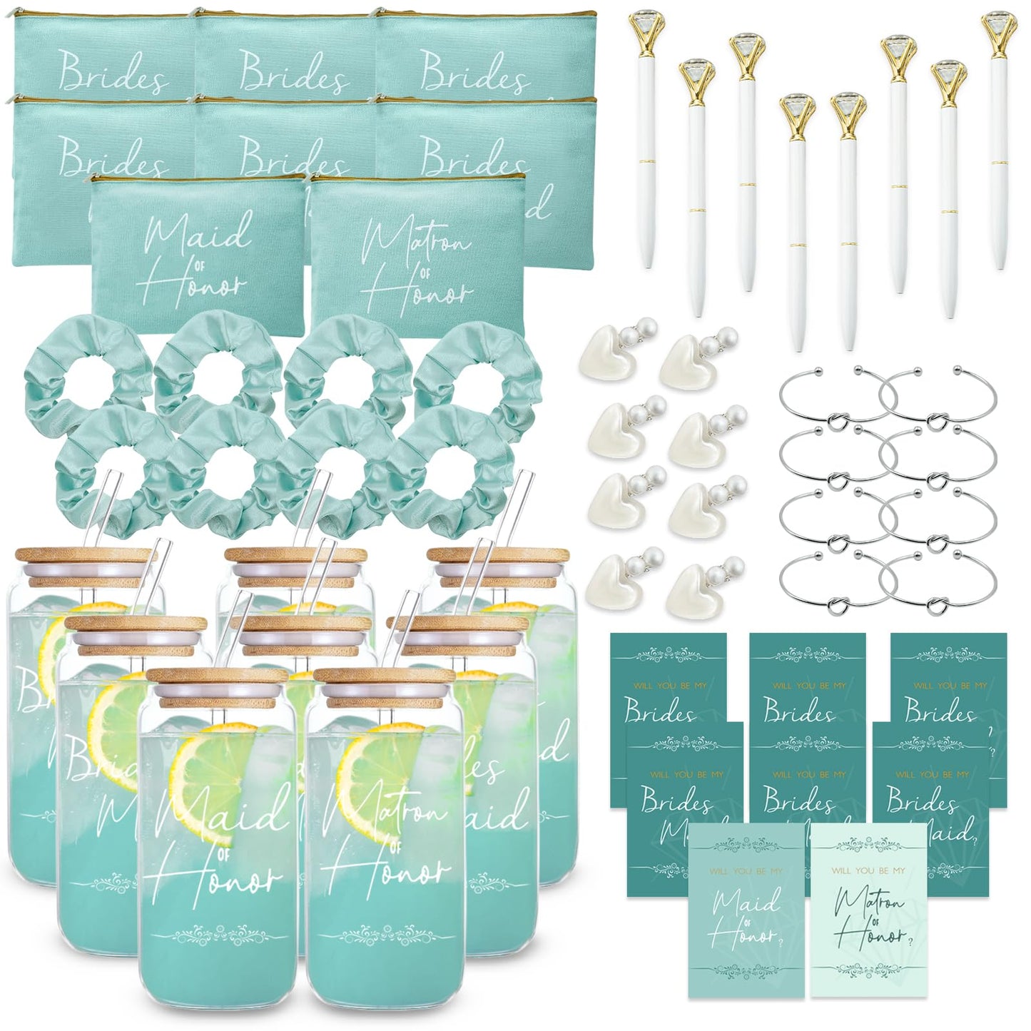 KIKINIKO 56 pcs Bridesmaid gifts bridesmaid proposal gifts, Maid of Honor Gifts contain 16oz Glass Cups Cosmetic Makeup Bags Invited Cards Scrunchies Hair Knotted Bracelets Diamond Pens love clip,