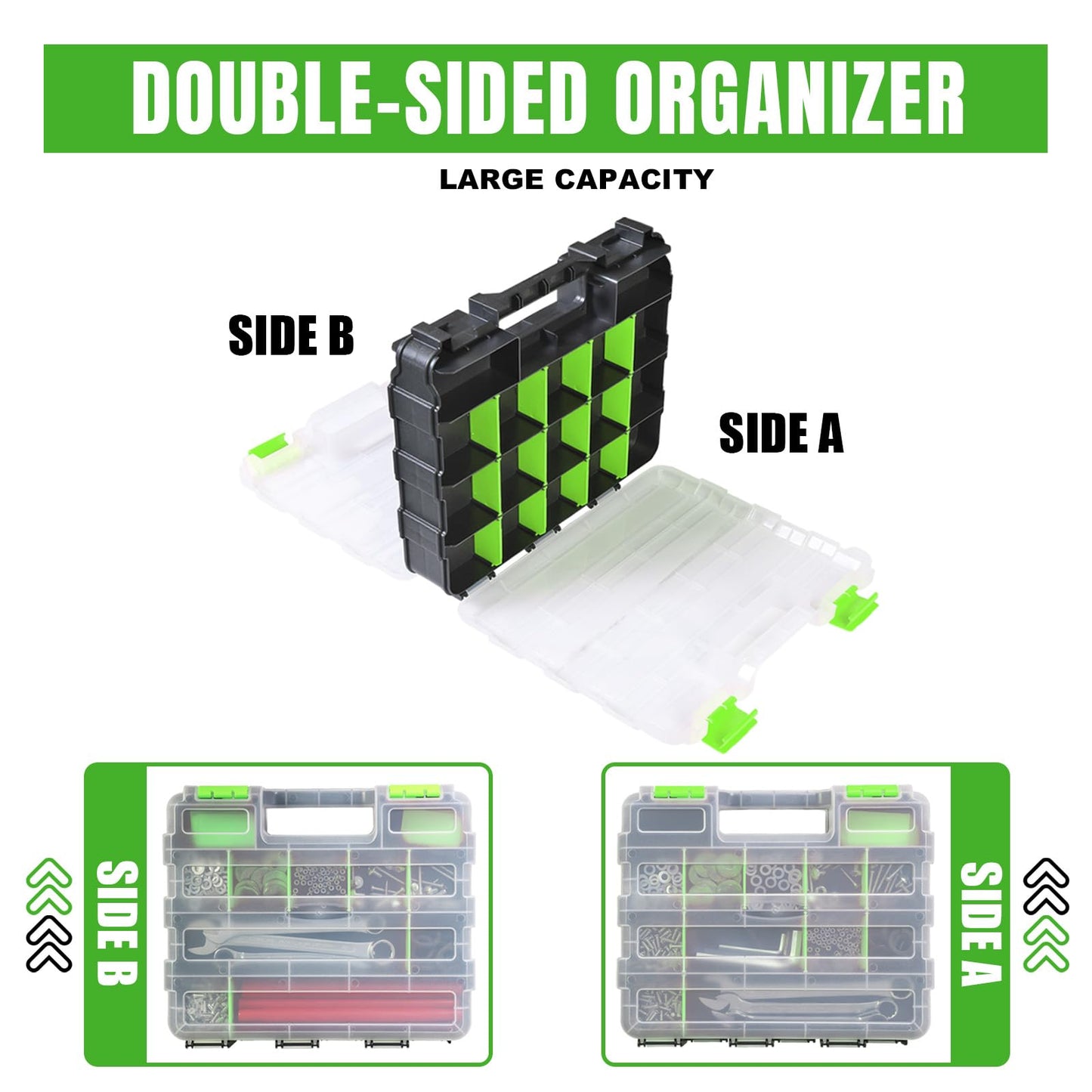 Jack Boss Tool Box with Transparent Lid, Double Side 34-Compartments Organizer Box with Removable Dividers for Hardware, Screws, Bolts, Nails, Beads, Jewelry and Fishing Accessories, Green, 2 Pack