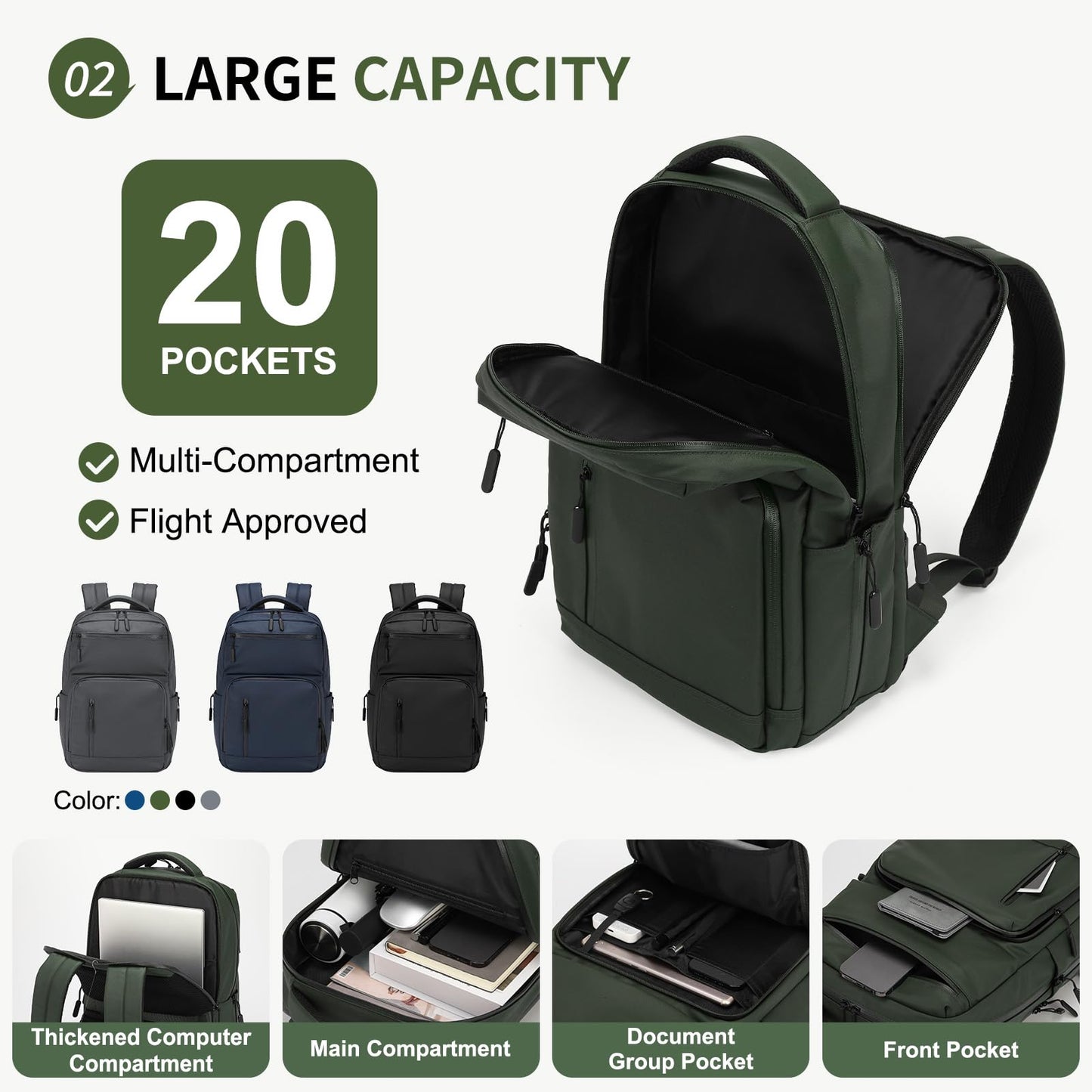SUIKIHUM Waterproof Laptop Backpack for Men & Women, Flight Approved Anti-Theft Daypack with 15.6-inch Laptop Sleeve (Green)
