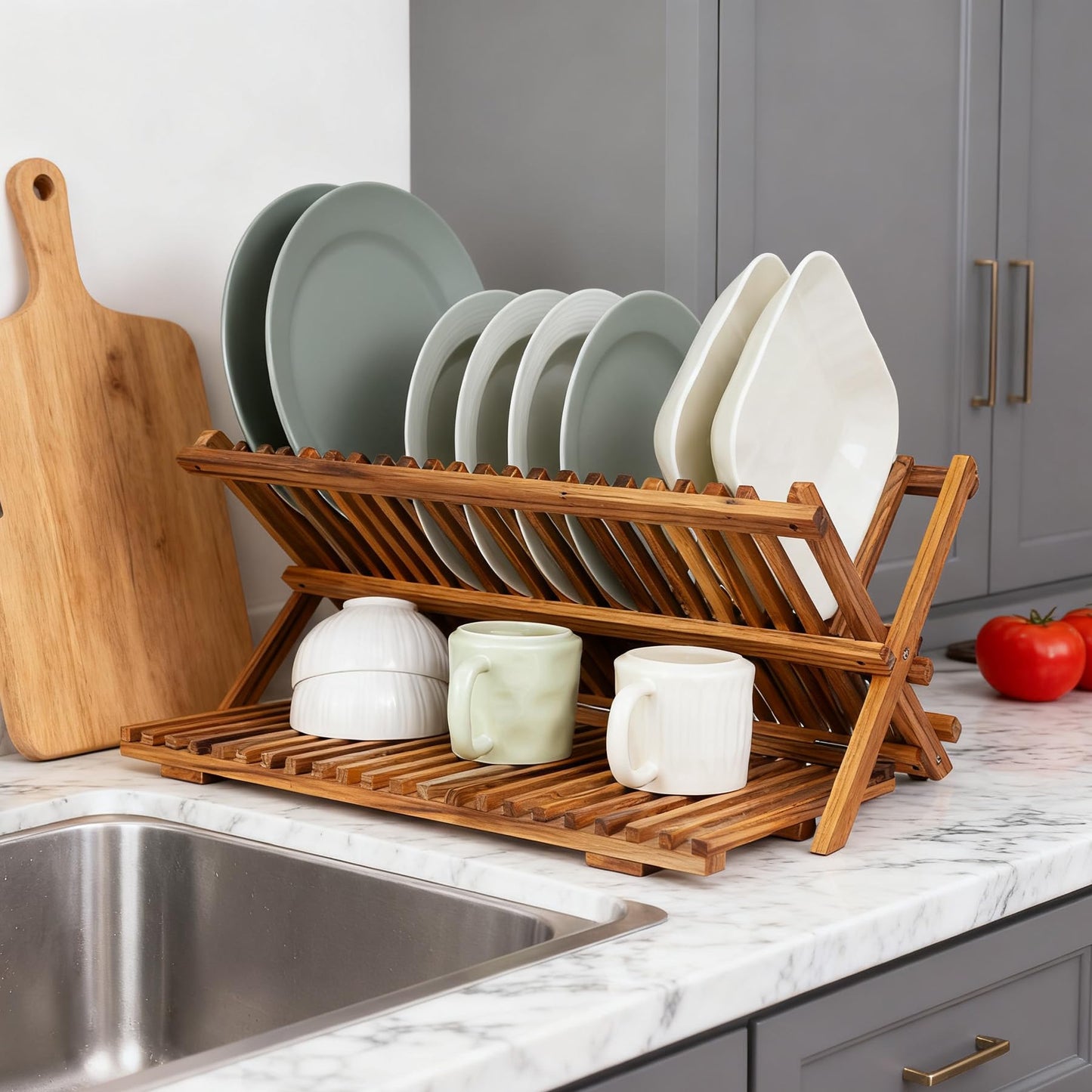 Utoplike Large Teak Dish Drying Rack, Wooden 3 Tier Collapsible Dish Drainer for Countertop, Kitchen Organizer for Pasta Plates, Cups