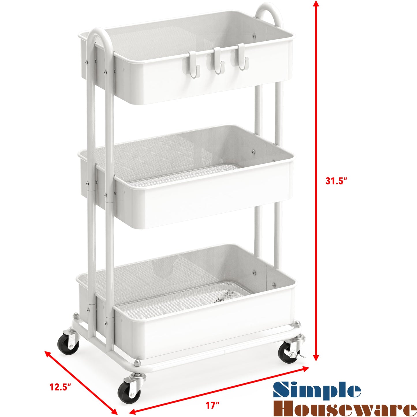 Simple Houseware 3-Tier Kitchen Cart Metal Utility Rolling Cart, White