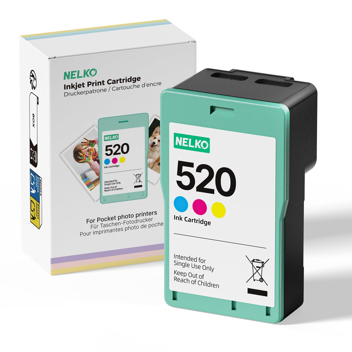 Nelko 520 Genuine Color Ink Cartridges, High-Yield Ink Cartridge Compatible with PP01 Photo Printer, Water Oxidation-Proof, Photo Printer Cartridge for Instant Photo Printing, for Home&School, 1 Pack