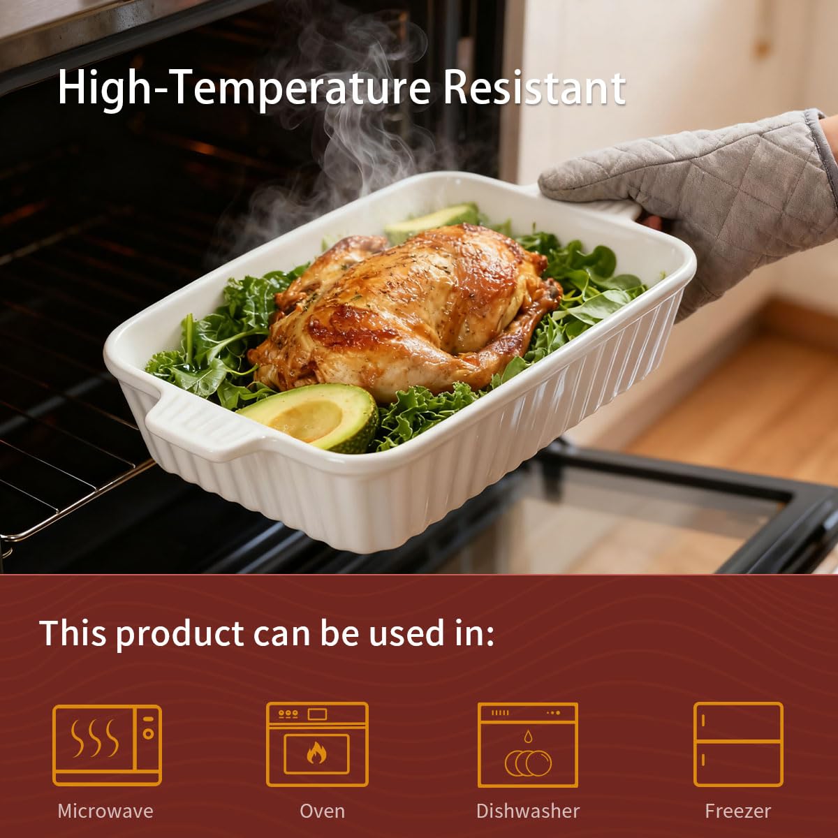 WishDeco Ceramic Casserole Dishes Set of 4, Baking Dishes for Oven, Rectangular Lasagna Pan Deep with Handles, White Porcelain Bakeware (15''/12.4''/11''/9.6''), Dishwasher Safe
