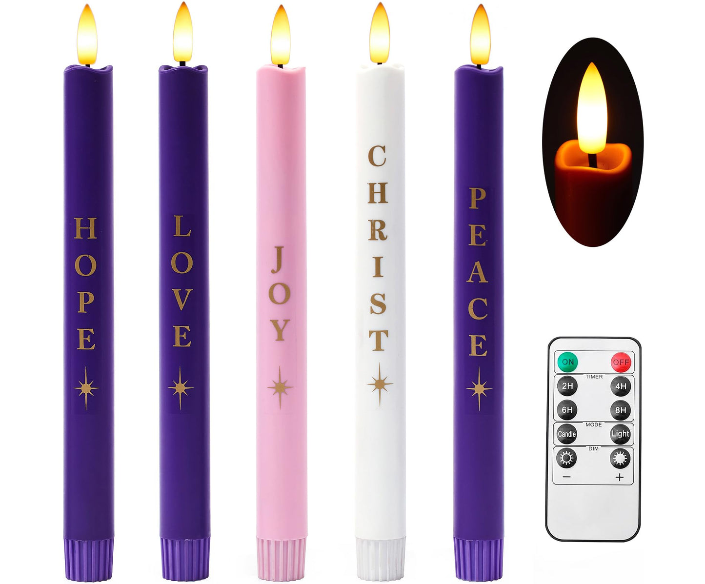 Stmarry Flameless Advent Candles Battery Operated, Advent Candles Set of 5, 10 Inch Tall, Realistic 3D Flames and Remote Control, Electric LED Candle Set for Advent Wreath
