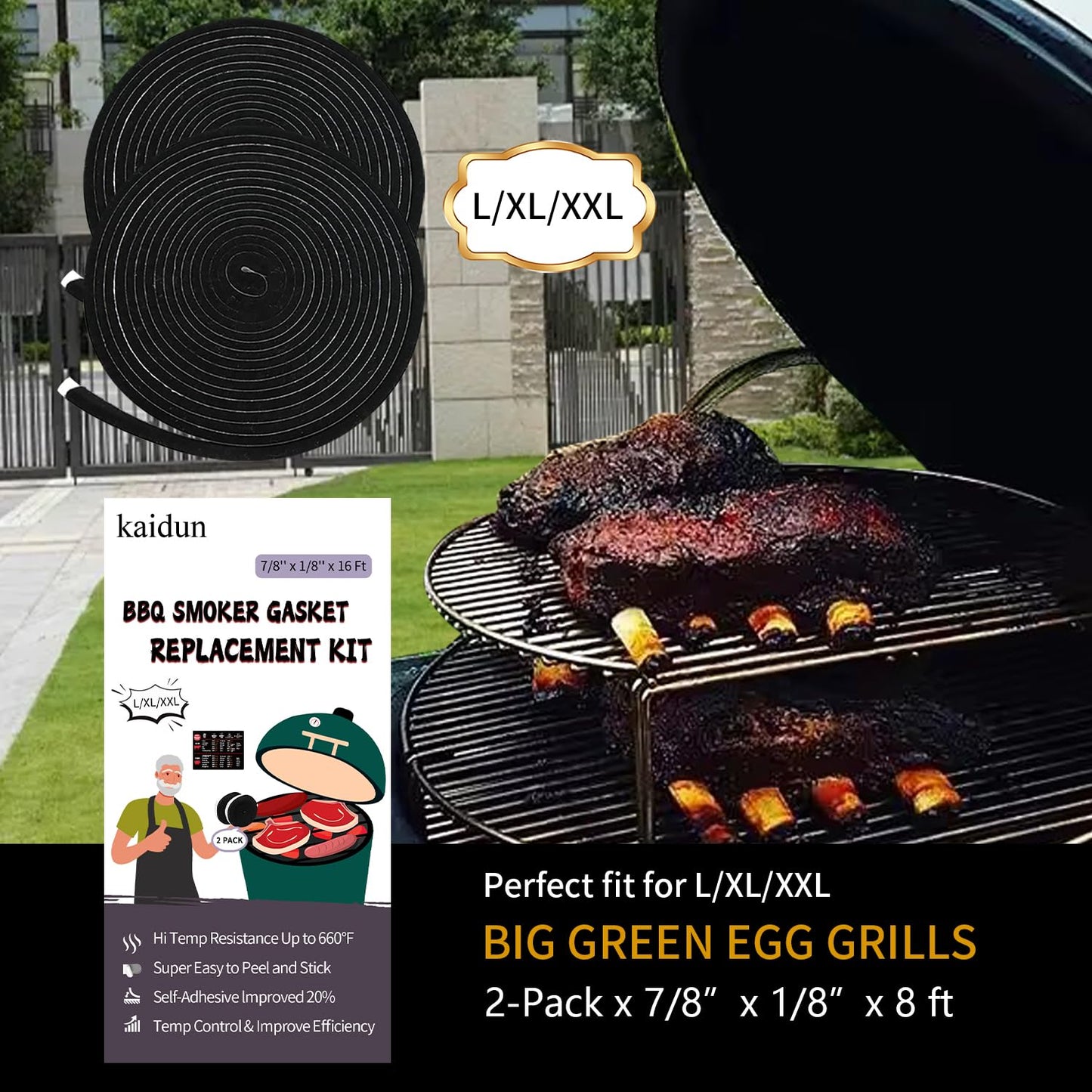 kaidun Gasket Replacement for Big Green Egg Large/XL/XXL, Included Small Meat Smoking Guide, High Temp BBQ Smoker Gasket, 16 Ft, 7/8" x 1/8"