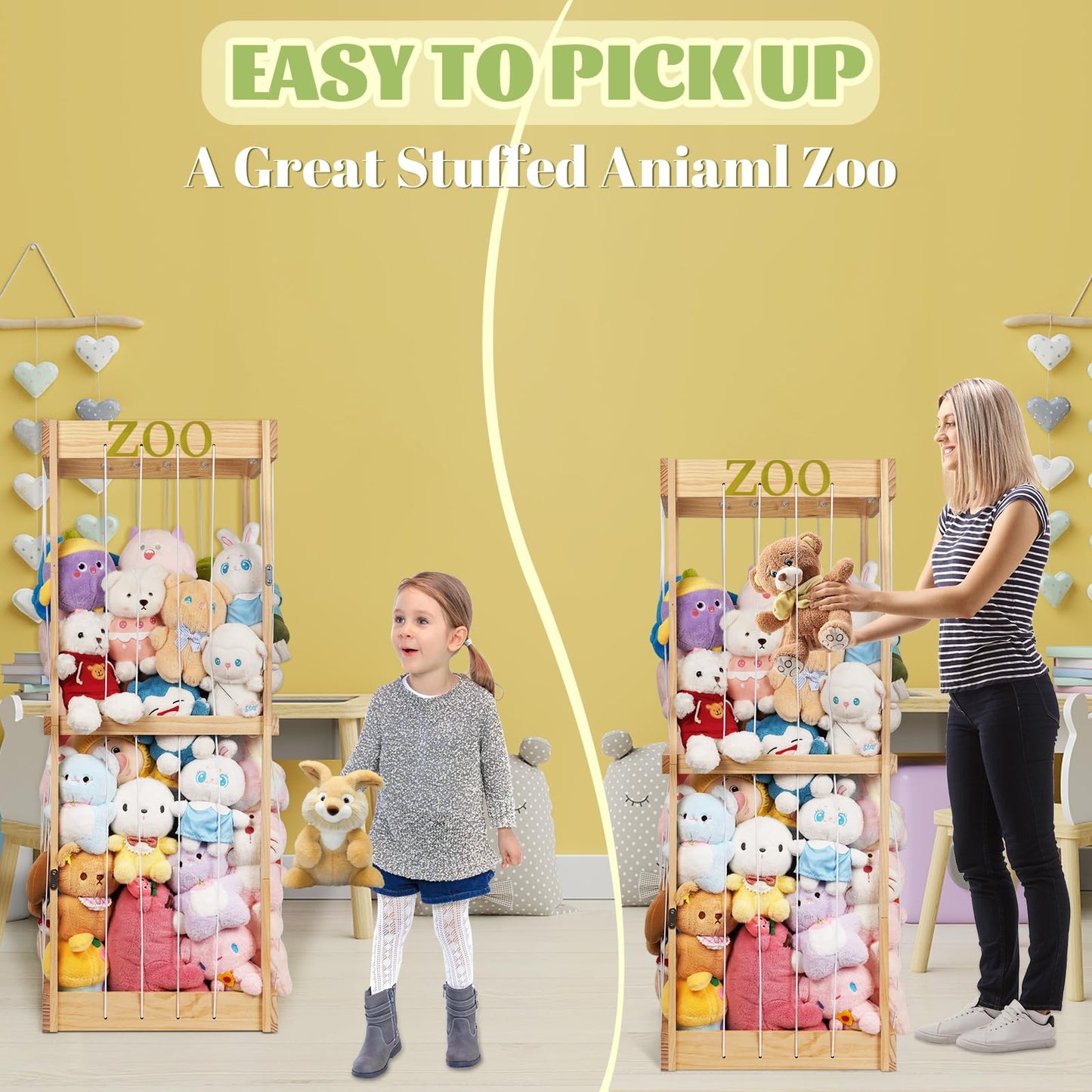Trycooling Stuffed Animal Zoo Wood Stuffed Animals Storage Cage with Zoo Pattern Elastic Band for Nursery Play Room Bedroom (Wood)