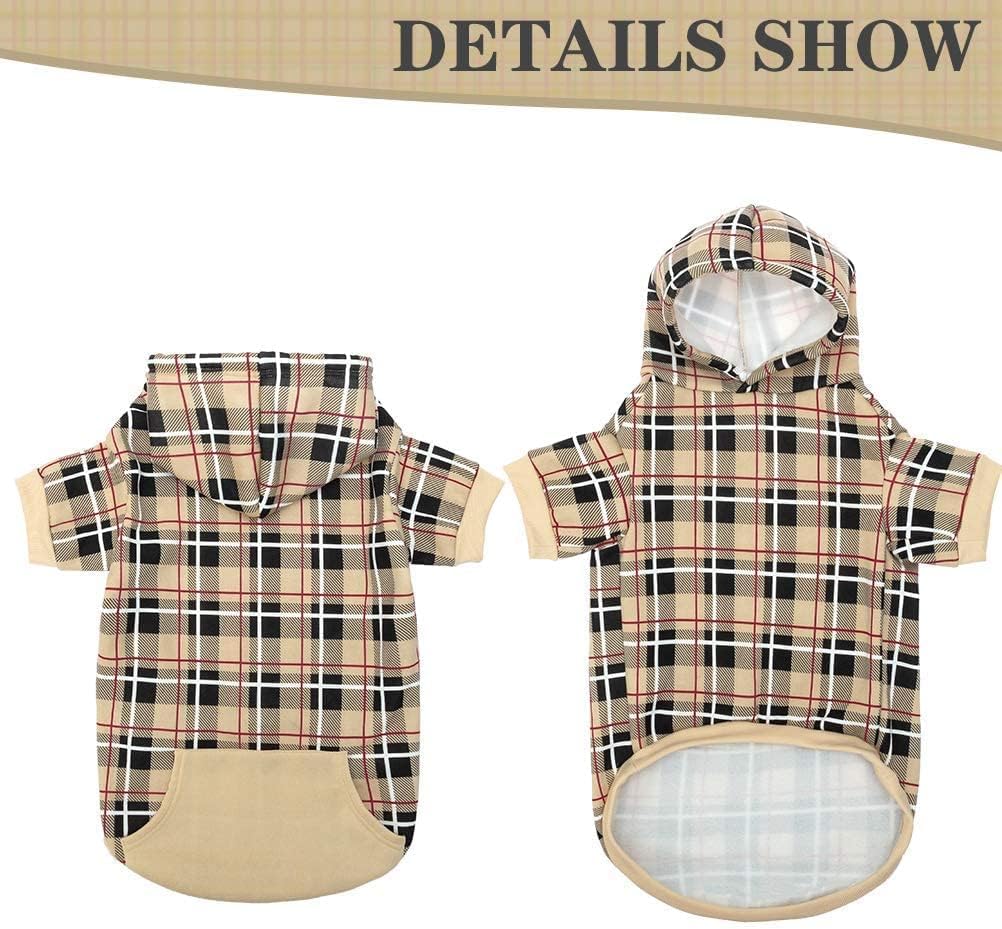 EXPAWLORER Plaid Dog Hoodie - British Style Warm Dog Sweater Shirt with Leash Hole,Pitbull Clothes Outfits,Winter Coat Apparel for All Breeds Puppy Girl Boy-Cat Apparel,Beige XL-XXLarge