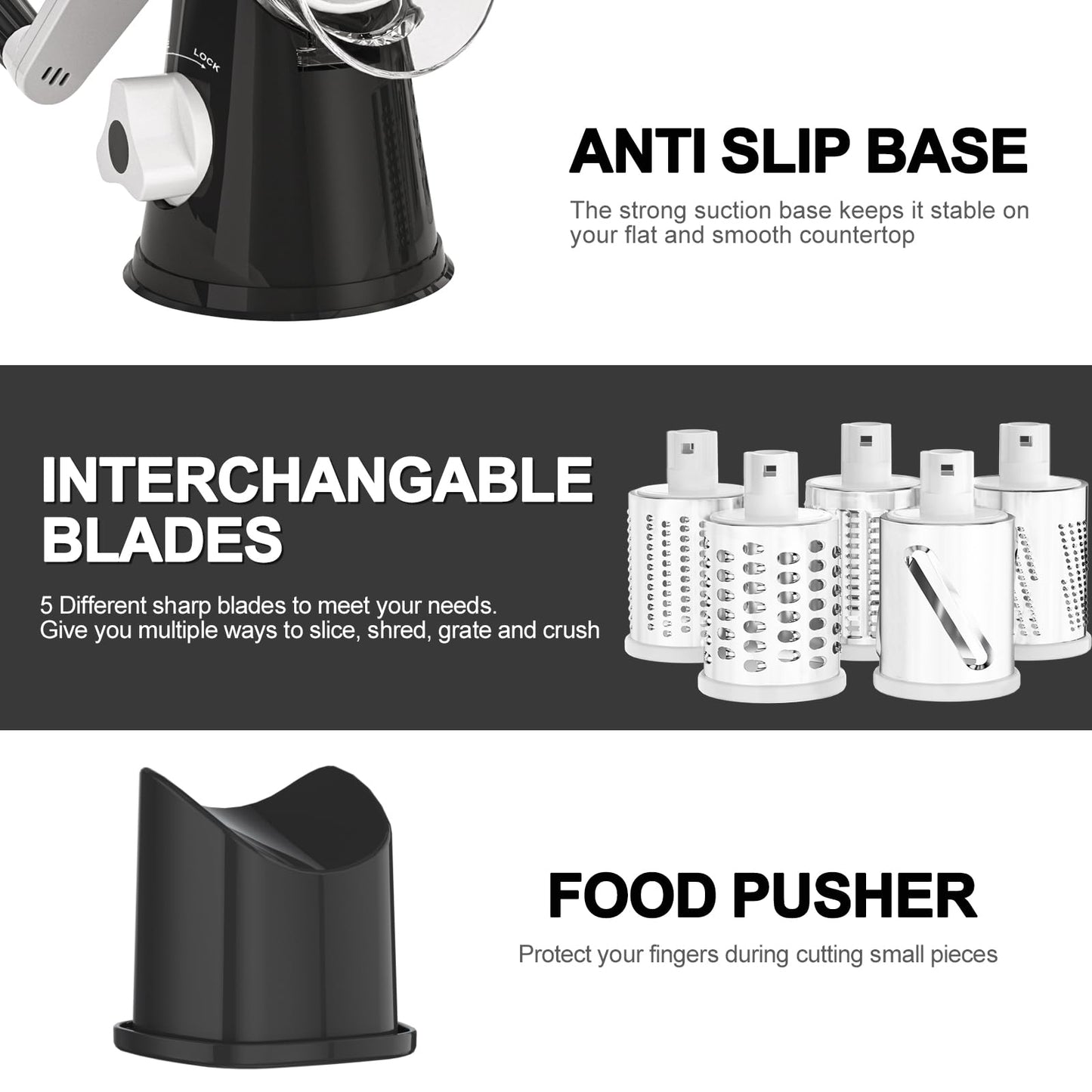 Cambom Rotary Cheese Grater Hand Crank Cheese Shredder for Fresh Cheese, Vegetable, Nuts,Non-Slip Suction Base, Five Blades, Black