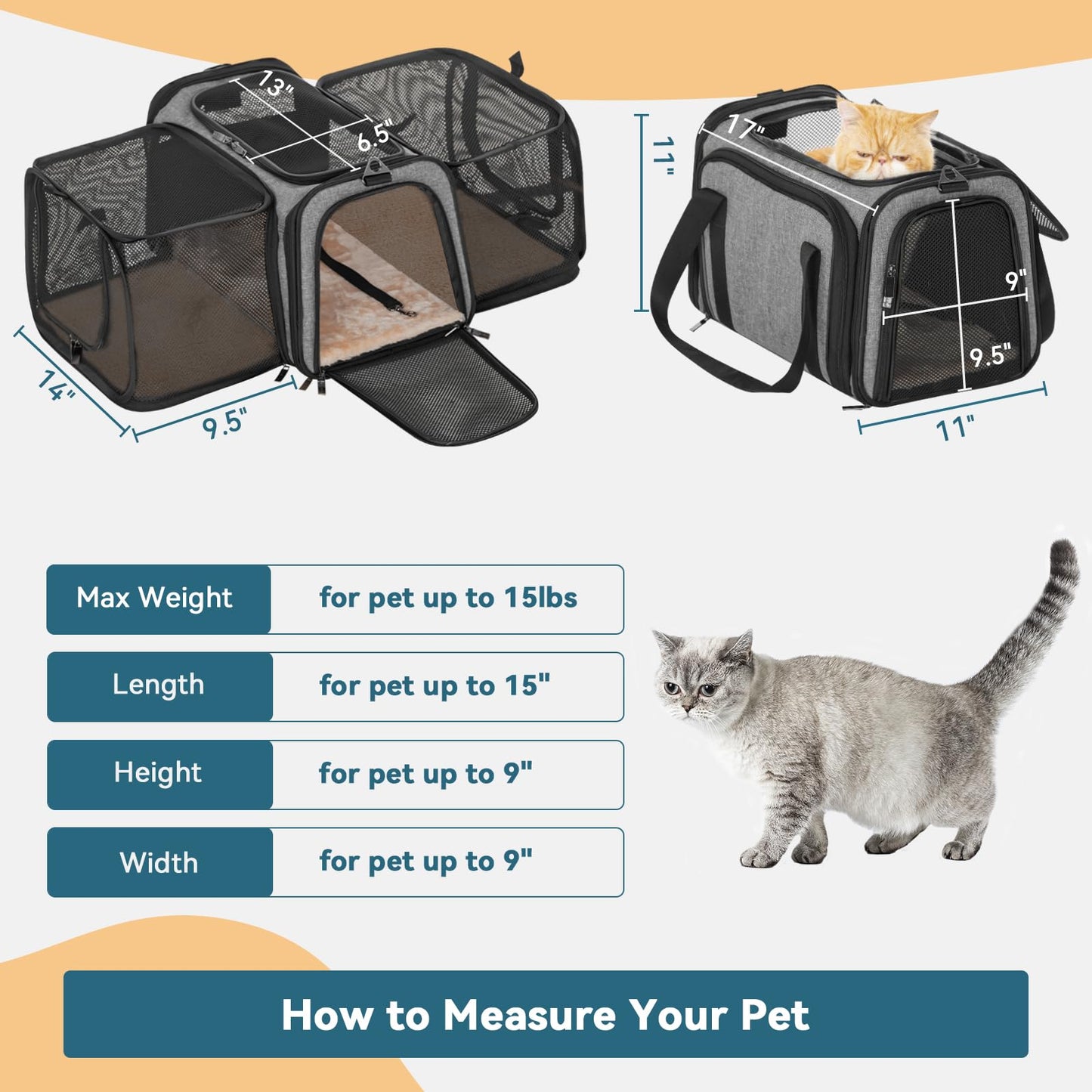 Petsfit Expandable Pet Carrier Airline Approved, Cat Carrier with Locking Zipper and Shoulder Strap, Storage Pockets, Cats, Kittens Puppies or Small Dog up to 15 Pounds,Gray M