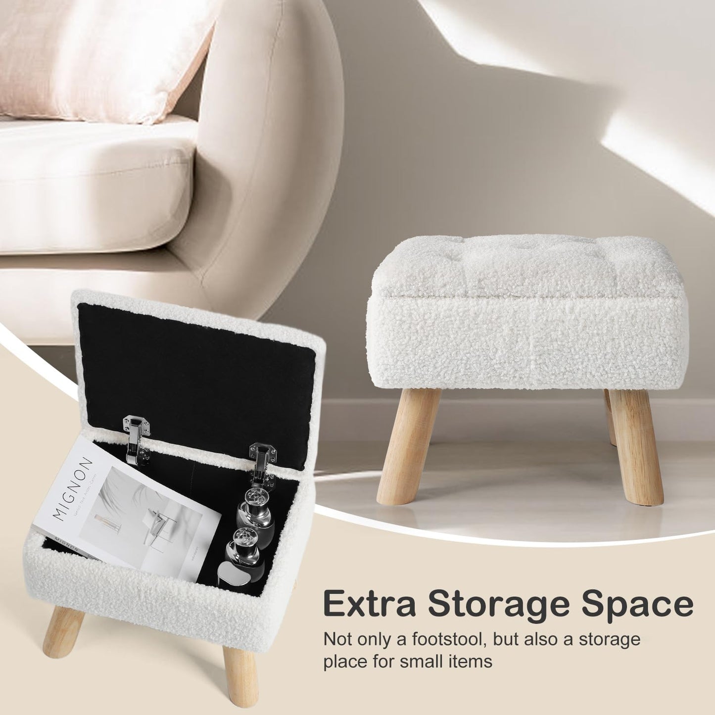 OGEMXU Storage Ottoman, Small Foot Stool Ottoman with Storage, Boucle Teddy Velvet Foot Rest with Padded Seat. (Cream)