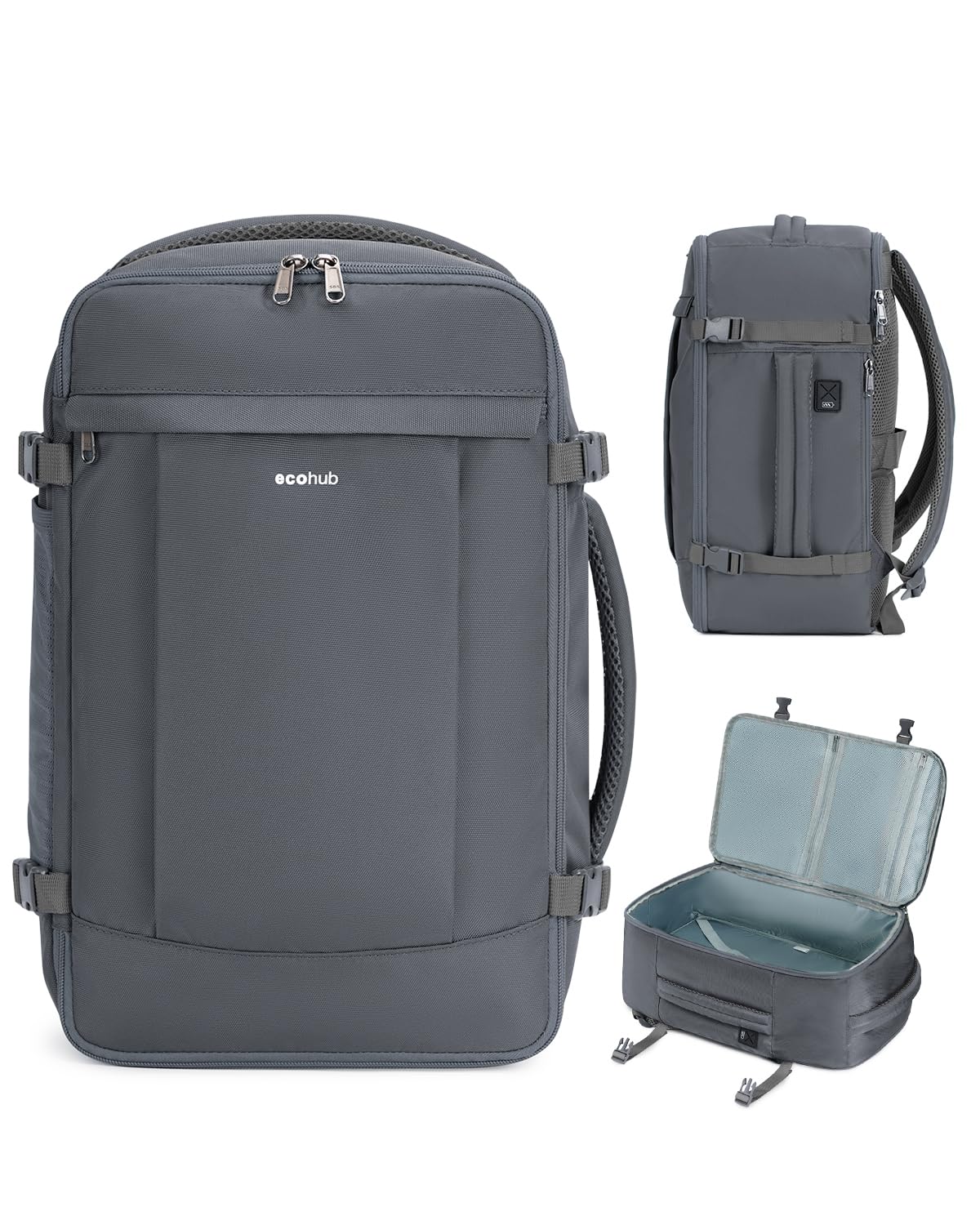 ECOHUB Travel Backpack for Women Men 17.3" Laptop Backpack Flight Approve Carry On Backpack Luggage with USB Charging Port Anti Theft Water Resistant Travel School Casual Work Backpacks 30L Grey