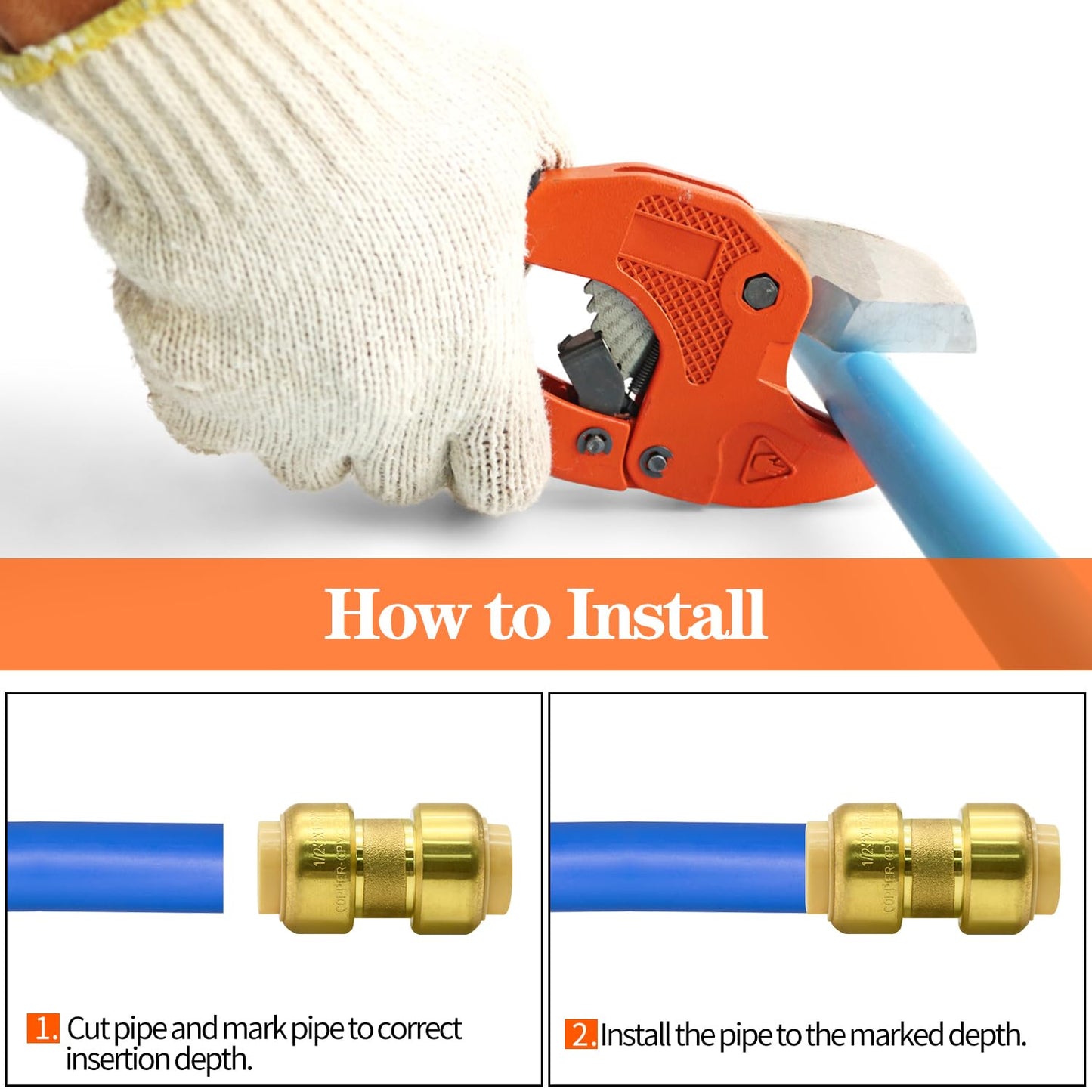 6 Pack 1/2" Push-to-Connect Plumbing Fittings, 1/2" Straight/Elbow/Tee Plumbing Fitting with 1/2" Disconnect Clip, Lead Free Brass Pushfit Fittings for Copper, PEX, CPVC Pipe