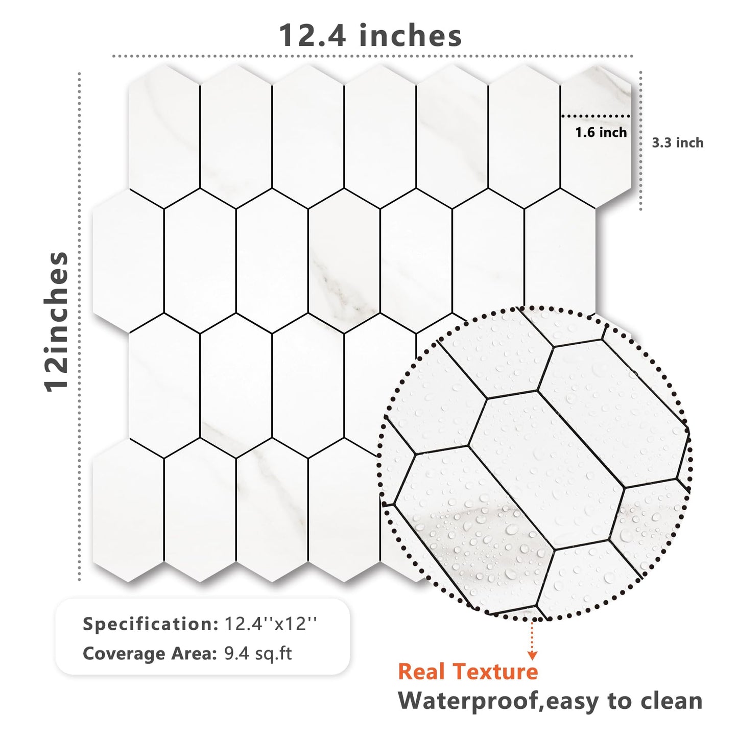 Vamos Tile Long Hexagon Peel and Stick Backsplash Tile - 10 Sheets Stick on Backsplash for Kitchen and Bathroom 12.4 x 12 Inch White Marble Look PVC Self Adhesive Mosaic Wall Tiles