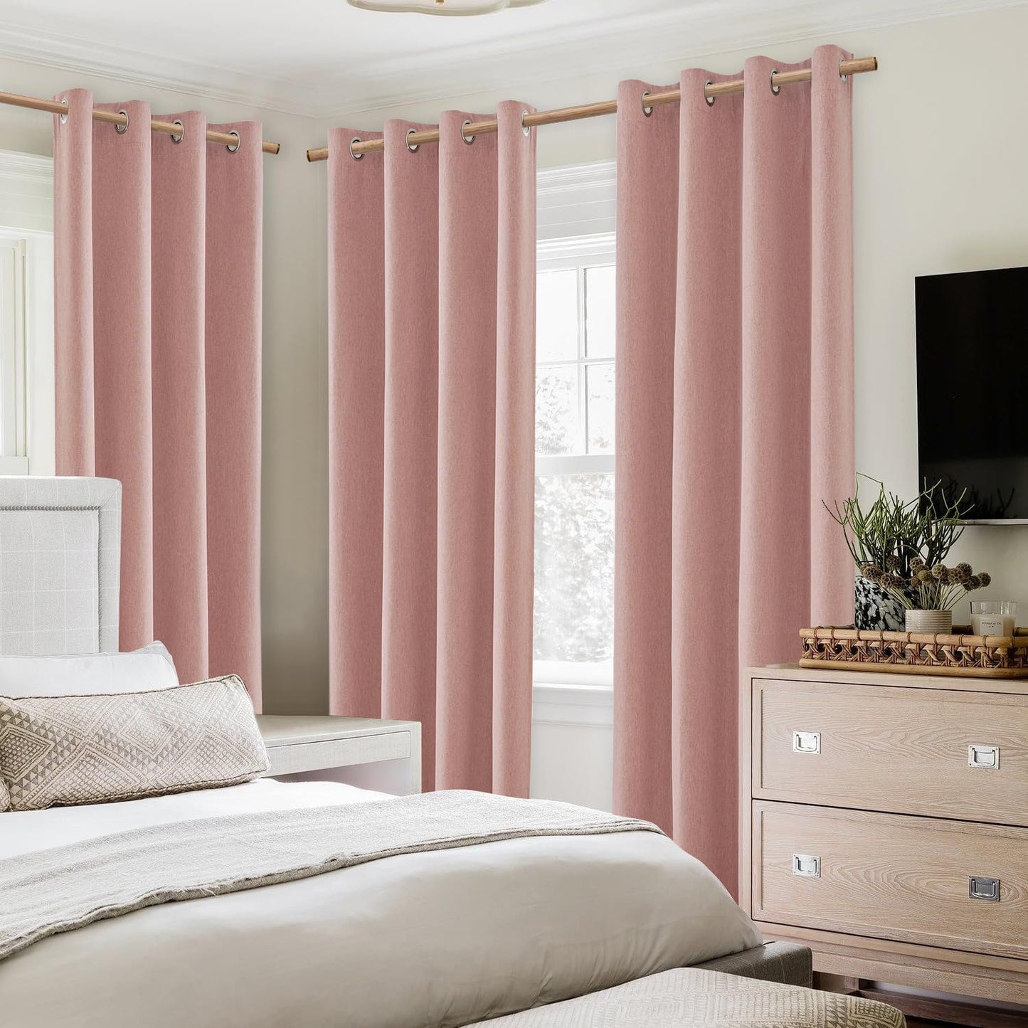 HOMEIDEAS 100% Blackout Curtains for Bedroom Blush Pink Linen Curtains 84 Inch Length 2 Panels Set Black Out Curtains for Living Room Nursery, Thermal Insulated Grommet Window Drapes