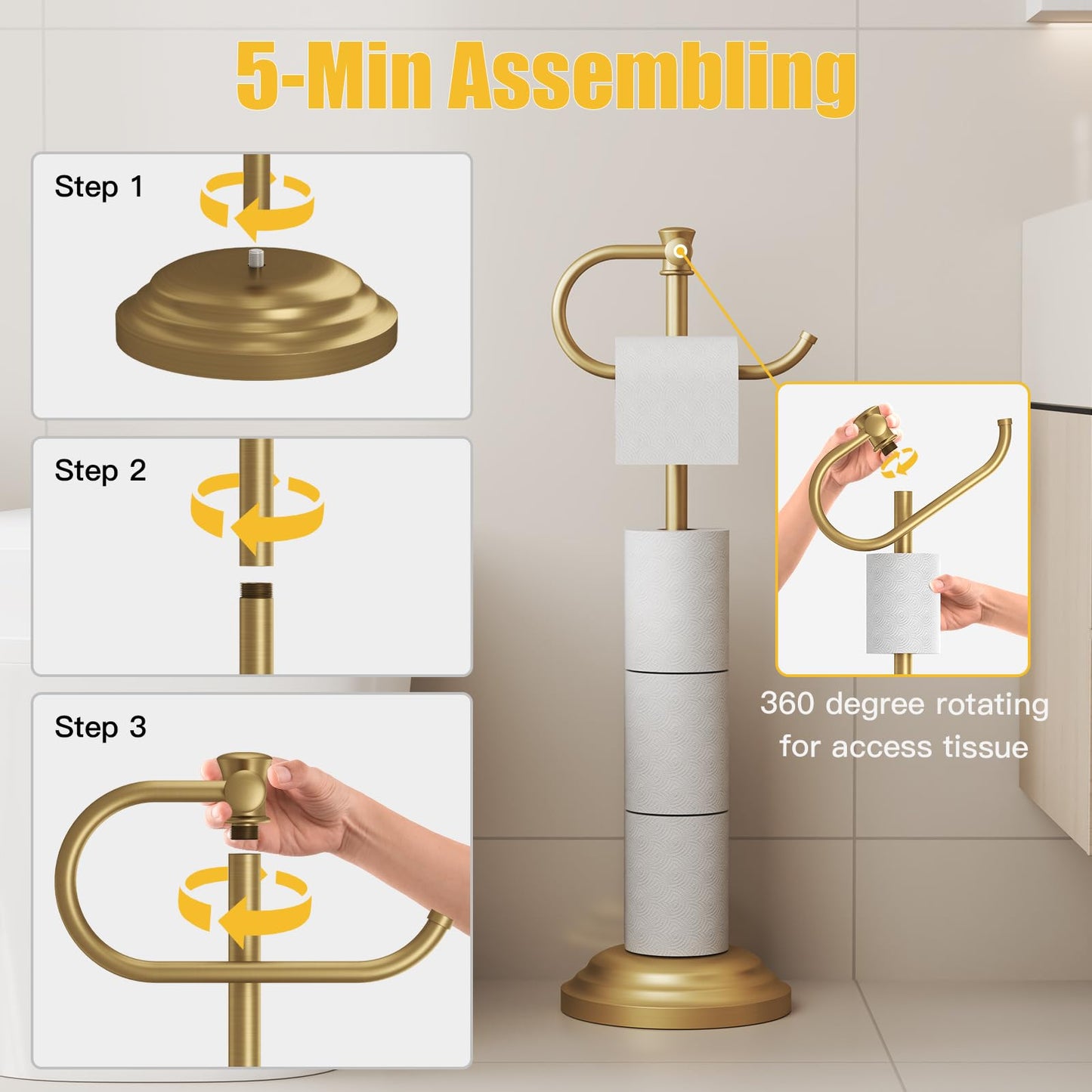 BESy Toilet Paper Holder Free Standing Bathroom Toilet Tissue Holder Stand for Floor Toilet Paper Roll Holder with Storage Hardware Accessories Rack Non Adjustable Brushed Gold Stainless Steel