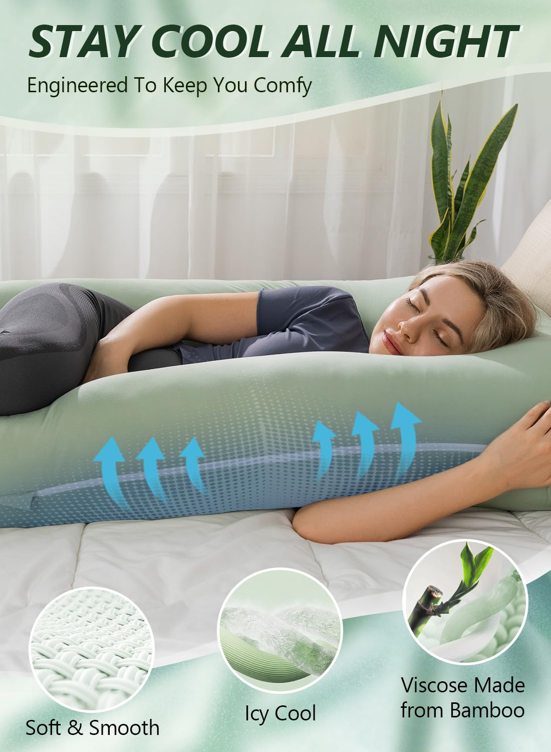 Meiz Cooling Pregnancy Pillows, 55 Inch U Shaped Pregnancy Pillows for Sleeping, Maternity Pillow for Pregnant Women, Rayon Cover from Bamboo, Green