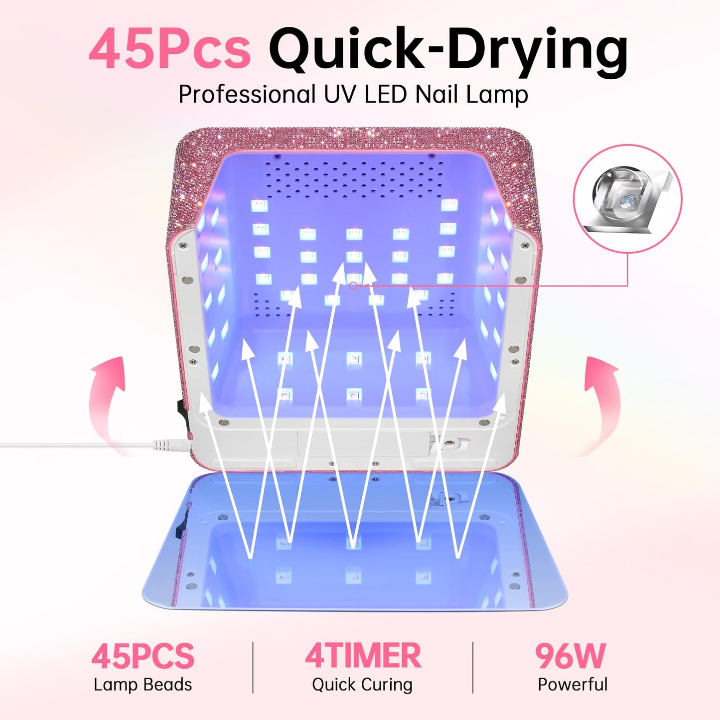 CHRISTINE SHELLY UV LED 96W Nail Lamp Professional Nail Dryer Sparkly Gel Polish Light with 4 Timer Setting Quick Dry Curing Lamp with Display Auto Sensor for Salon & Home Pink Diamond