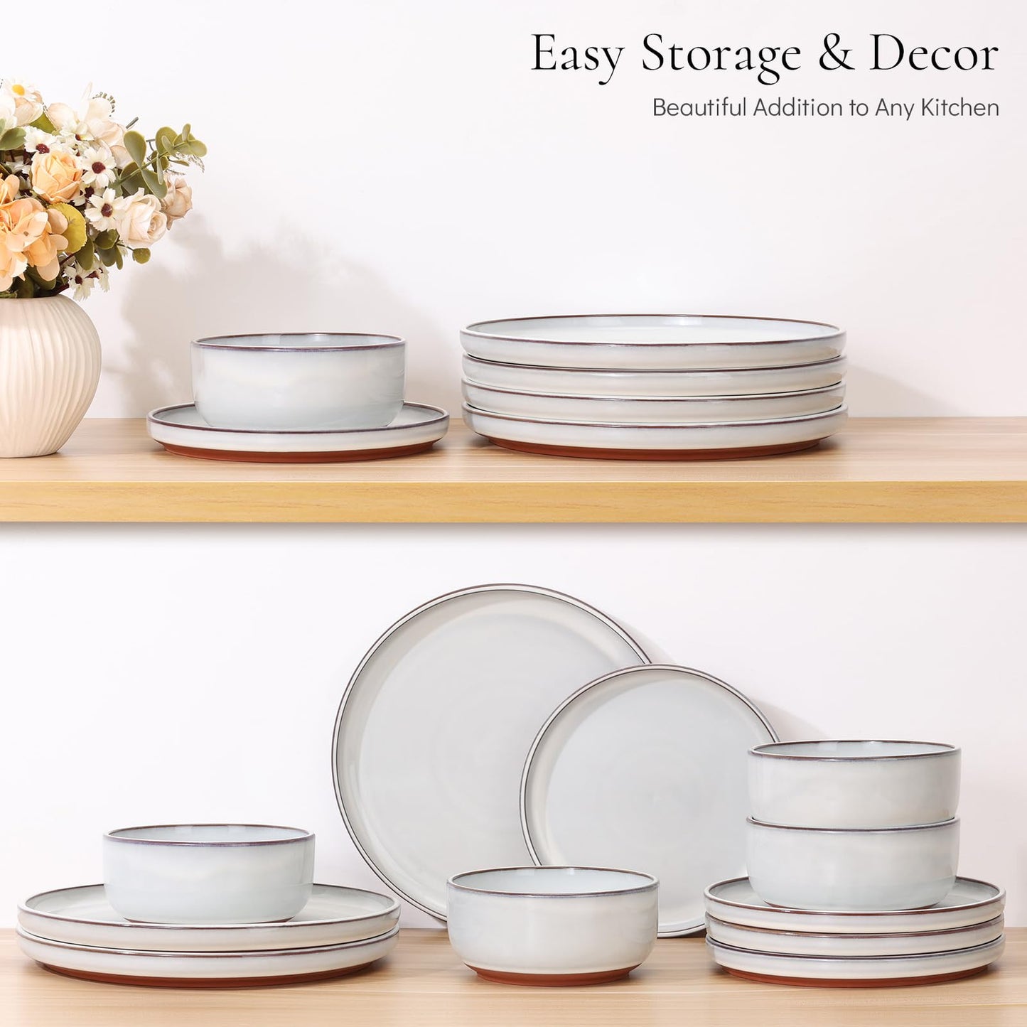 E-far Stoneware Dinnerware Sets for 4, 12 Pieces Reactive Glaze Plates and Bowls Sets, Elegant Dishes with Rustic Terracotta Base, Dishwasher & Microwave Safe, Scratch Resistant, Glacier White