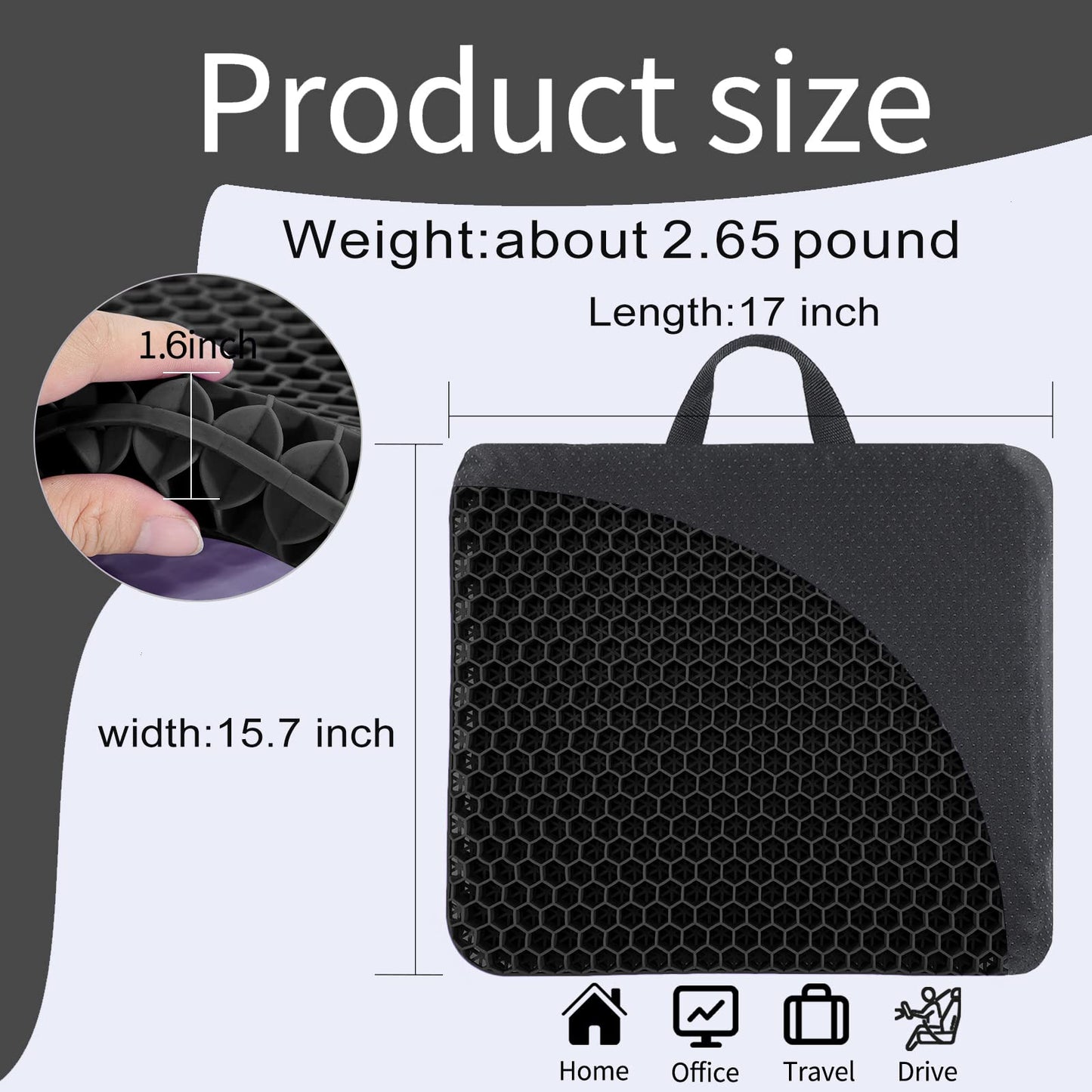 Gel Seat Cushion -for Long Sitting, Double Layer Breathable Honeycomb Chair Cushion with Non-Slip Cover for Ergonomic Support Pressure Cushion, for Office Chair, Cars, Long Trips，Durable,Portable