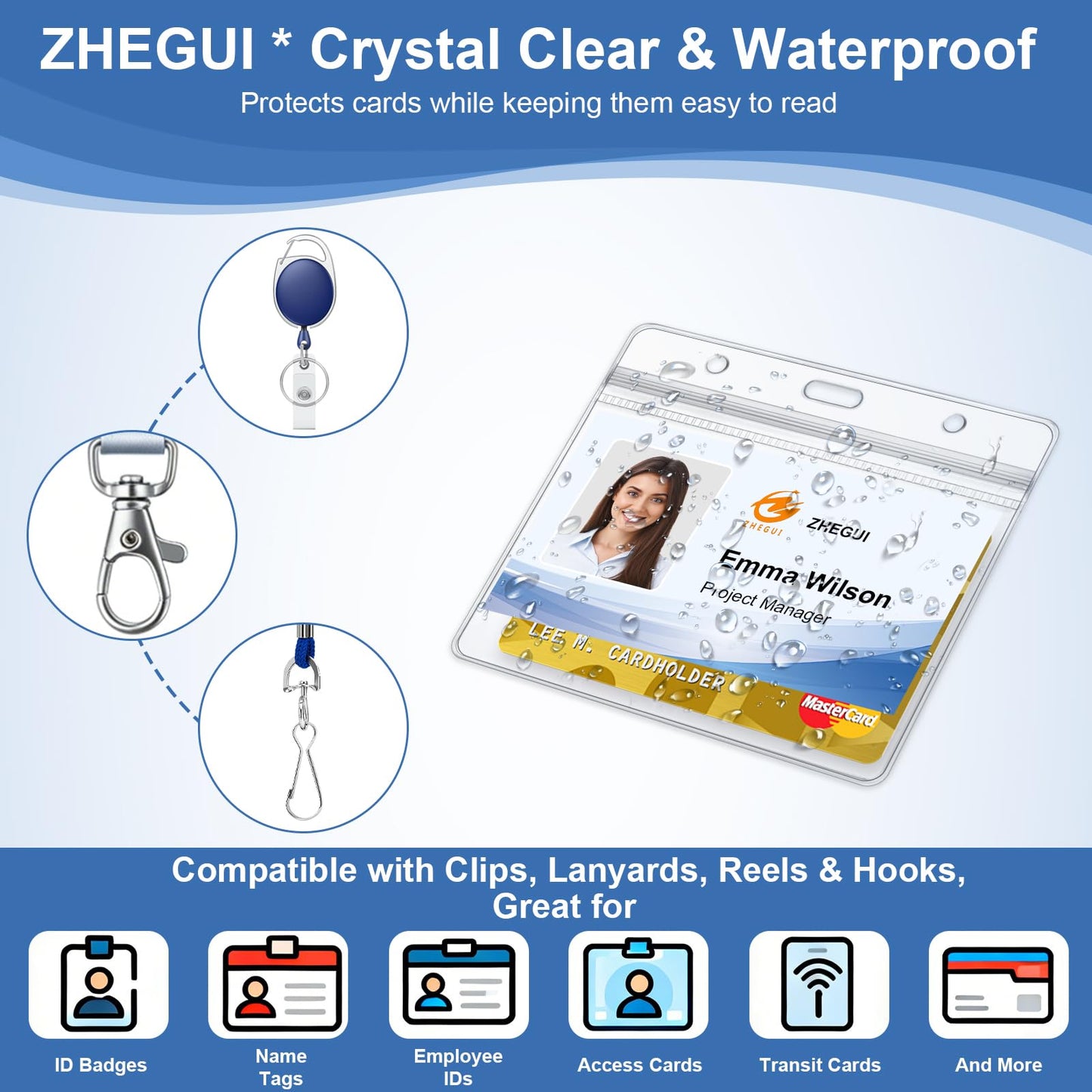 Clear Plastic Horizontal Badge Holders and Metal Badge Clips with Vinyl Straps Waterproof Name Tag PVC ID Card Holder by ZHEGUI (100 Pack, Horizontal Large 3x4)