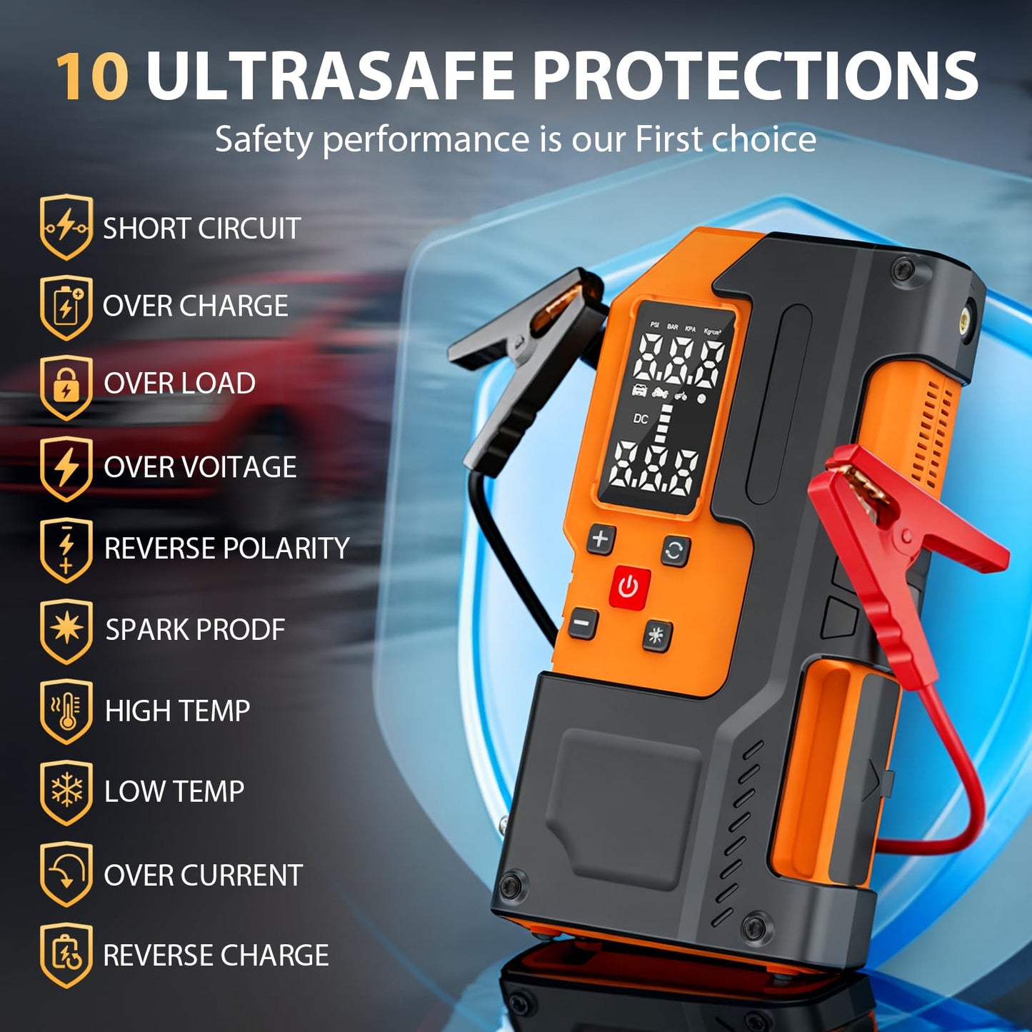 Jump Starter with Air Compressor 2000A, 10000mAh&150PSI Car Battery Jumper Starter Portable, 12V Battery Pack Jump Box (9L Gas/7L Diesel Engine) with Boost, Light and Jumper Cables(Orange)