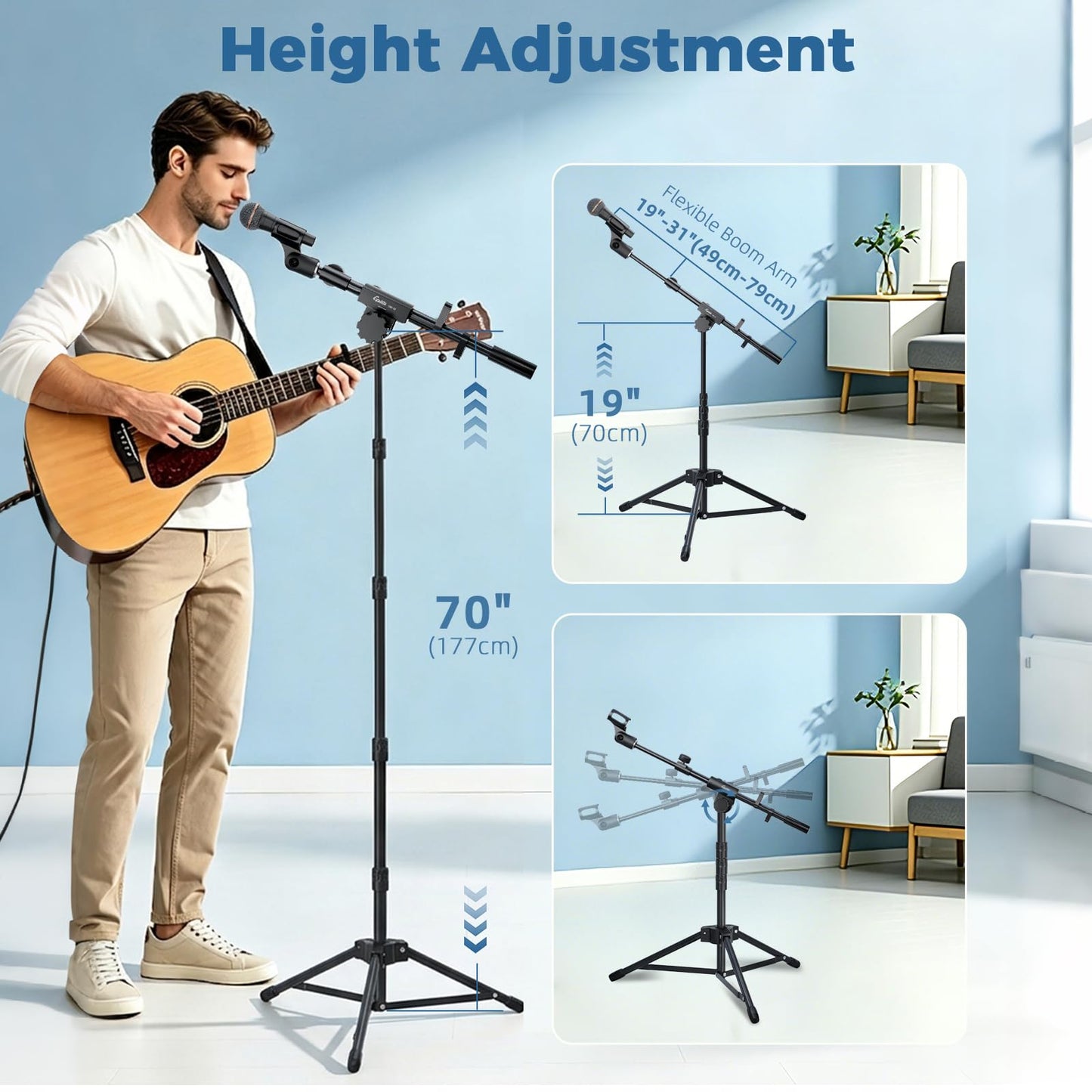 GUITTO Microphone Stand Floor with Phone/Tablet Holder, Adjustable Boom Mic Stand with Heavy-Duty Base, Dual Device Mount for Streaming, Podcasting, Recording, and Live Performances GMS-04